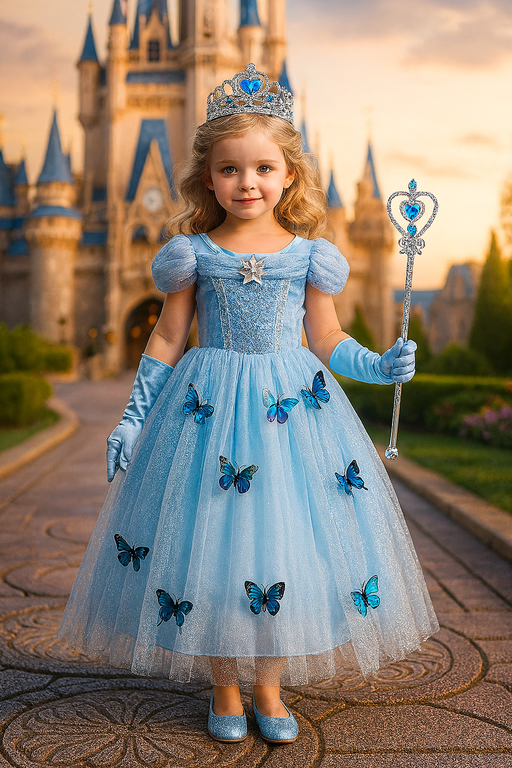 Young girl in blue princess dress and tiara, standing outdoors, Babelio creative fun cosplay.