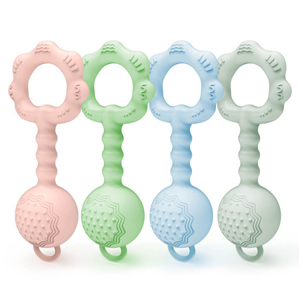 Babelio pastel silicone baby teethers with textured handles, suitable for nursery use