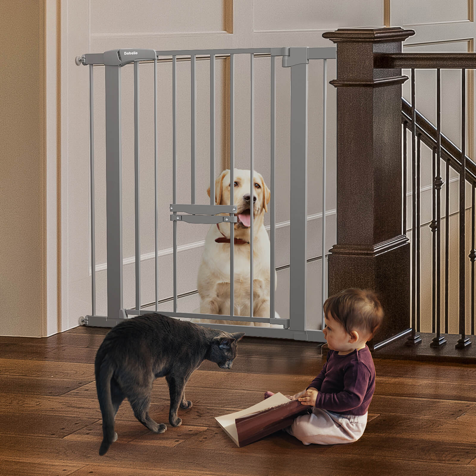 BABELIO 30" Tall Baby Gate with Adjustable Cat Door – 29-40" Wide, Metal Safety Gate for Stairs & Doorways, Auto-Close Feature, Tool-Free Install