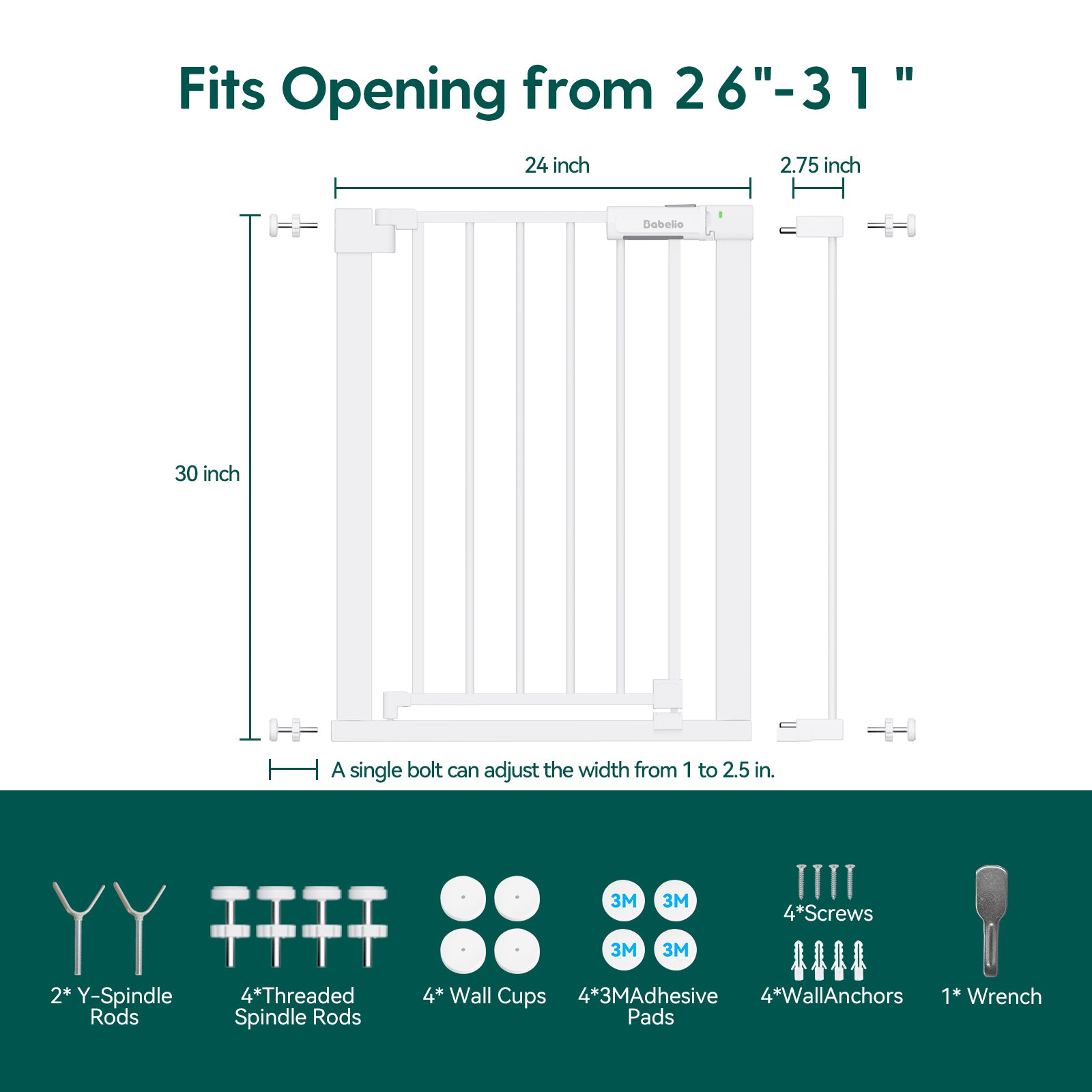 Measurement chart for a security gate with dimensions and components listed.#Color_White