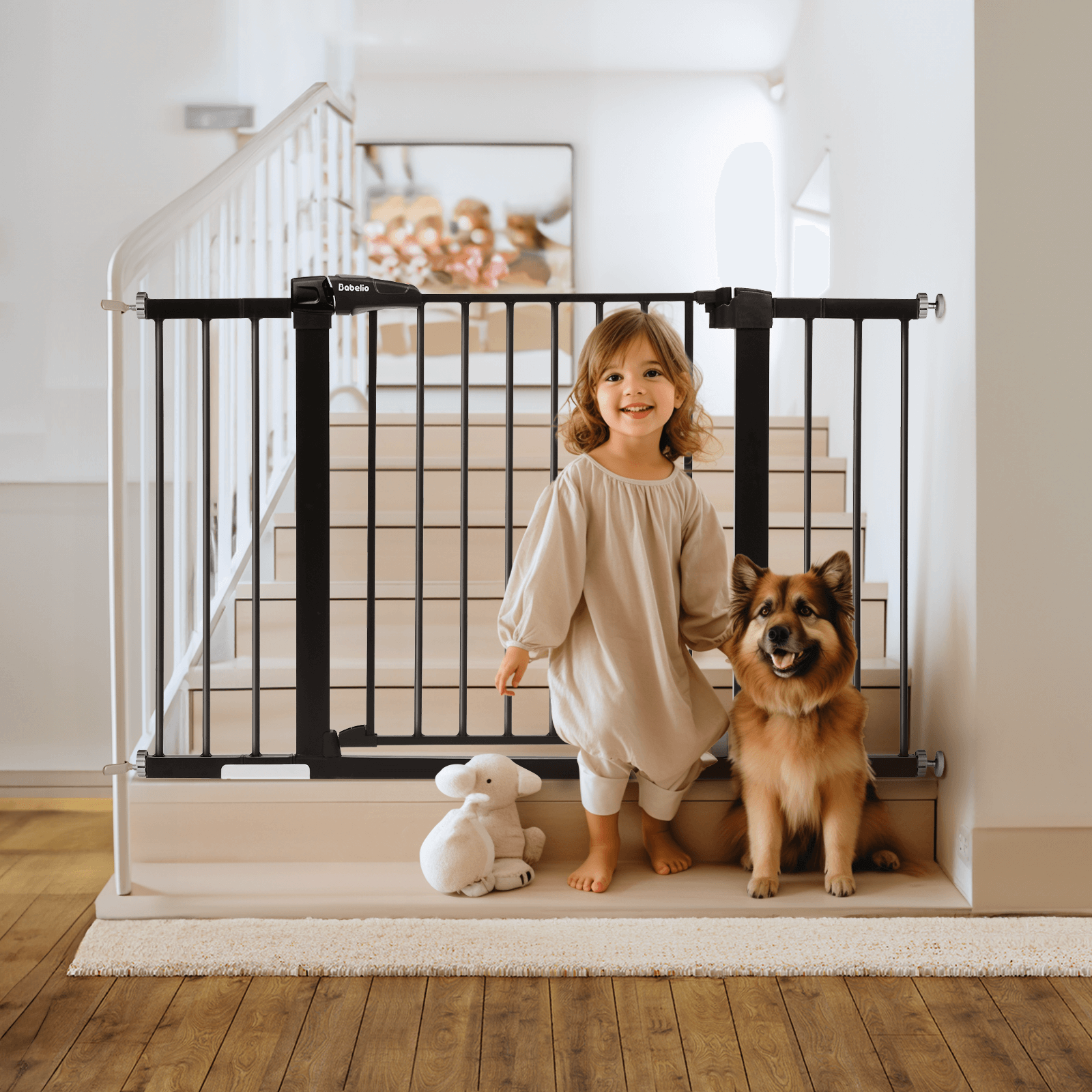Babelio Auto-Close Metal Baby Gate with Double Lock - Easy Install 29-48'' Wide Pressure Mounted Child & Pet Safety Gate for Doorways & Stairs