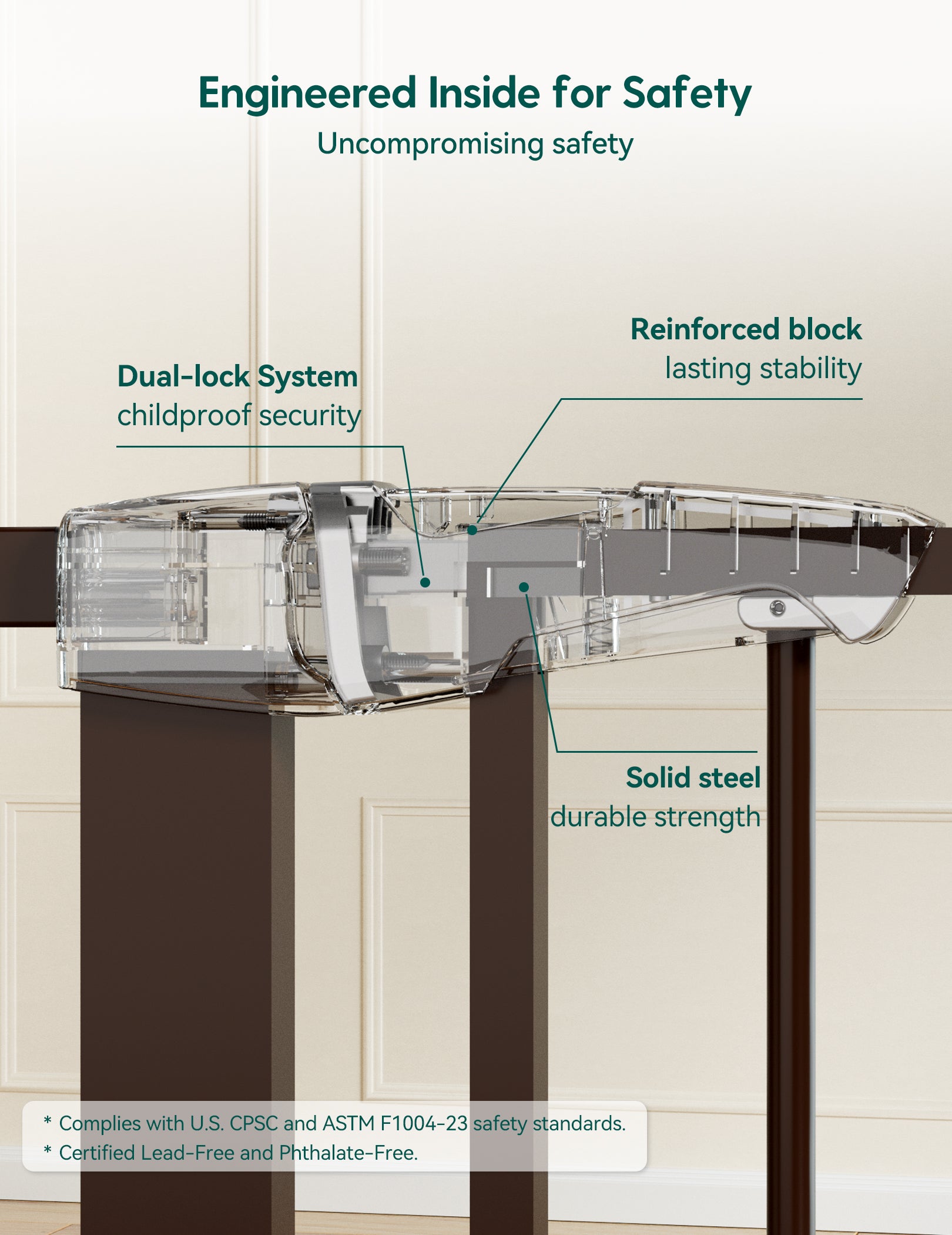 Door lock mechanism with labeled safety features on a neutral background#Color_Brown