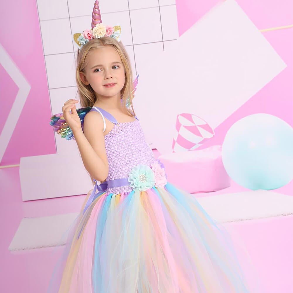 Tiny Cuddling Magical Unicorn Flower Princess Dress - Kids' Long Tulle Dress for Children's Day Performances and Parties