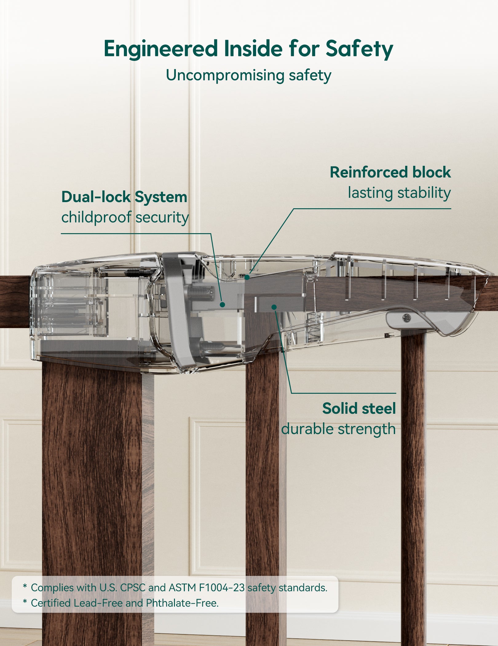 Door lock mechanism with labeled features on a neutral background. #Color_Brown Wood Pattern