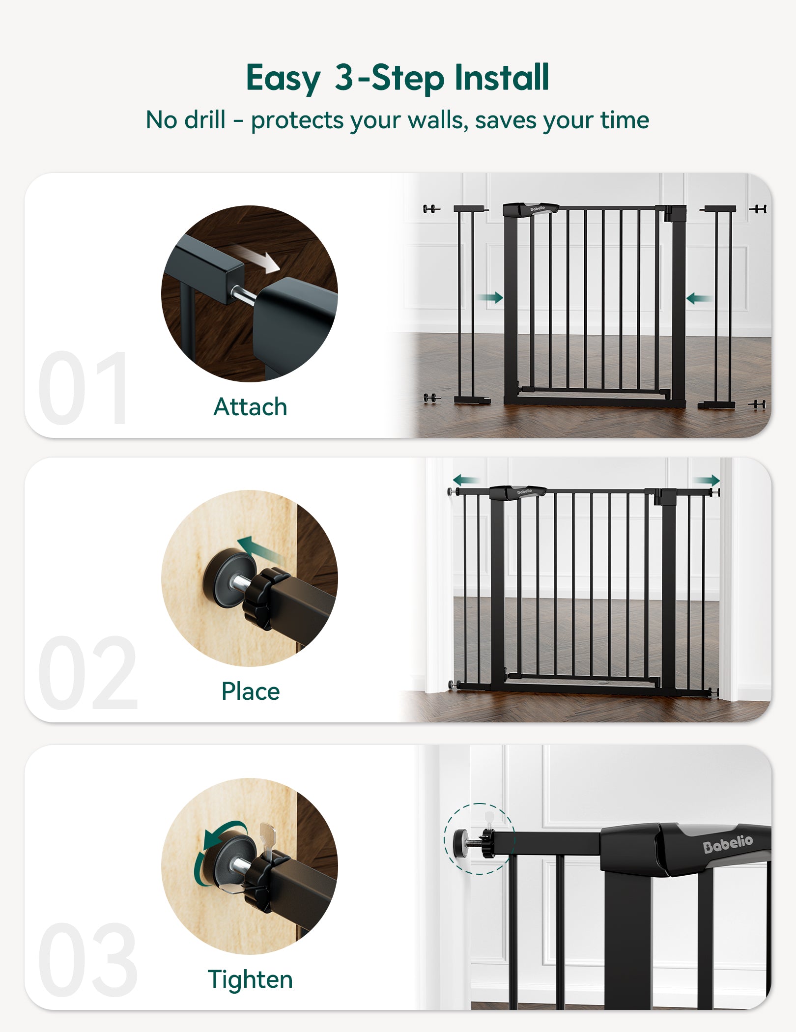 Step-by-step installation guide for a pet gate with images and text.#Color_Black