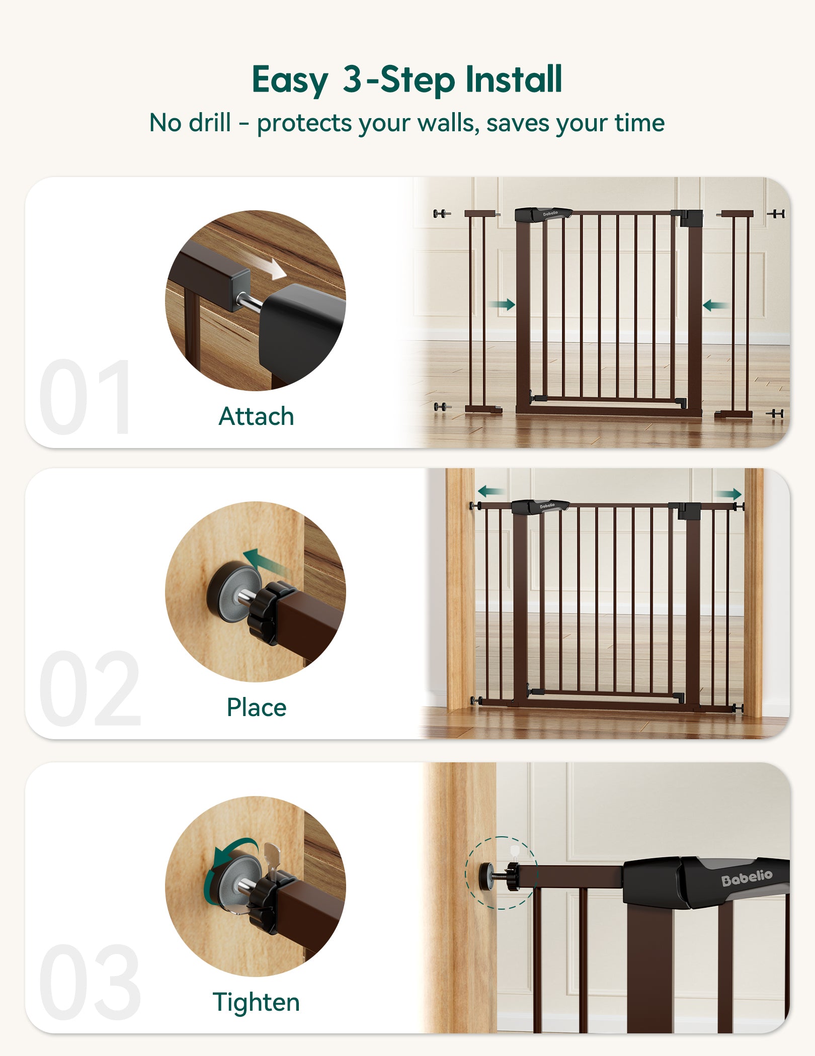 Step-by-step installation guide for a baby gate with clear illustrations and text.#Color_Brown