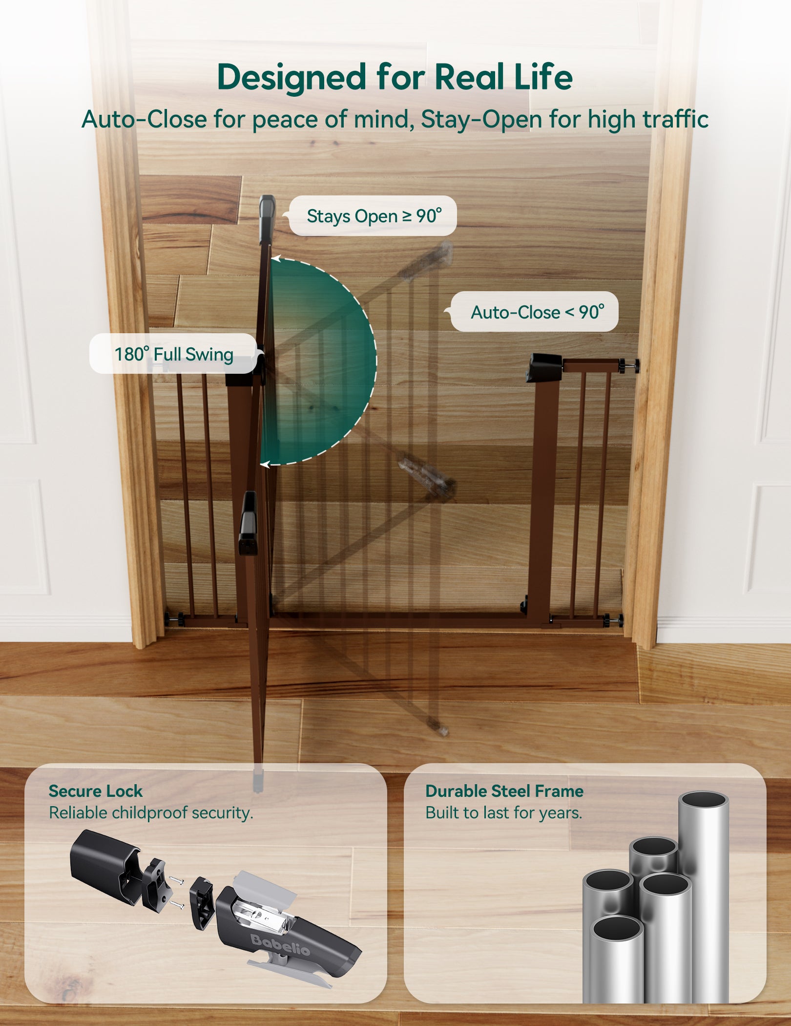 Dog gate with features highlighted on a wooden floor#Color_Brown