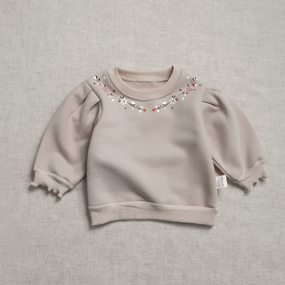 2023 Korean-Style Girls' Winter Fleece-Lined Crew Neck Sweatshirt with Puff Sleeve Detail