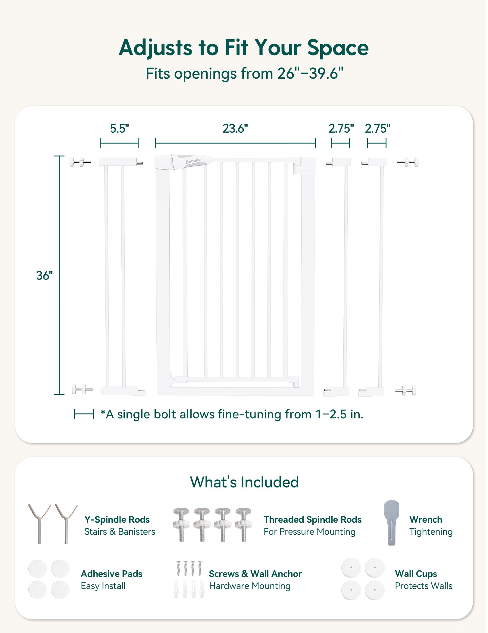 Measurement chart for a product that adjusts to fit various spaces with dimensions and included components listed.