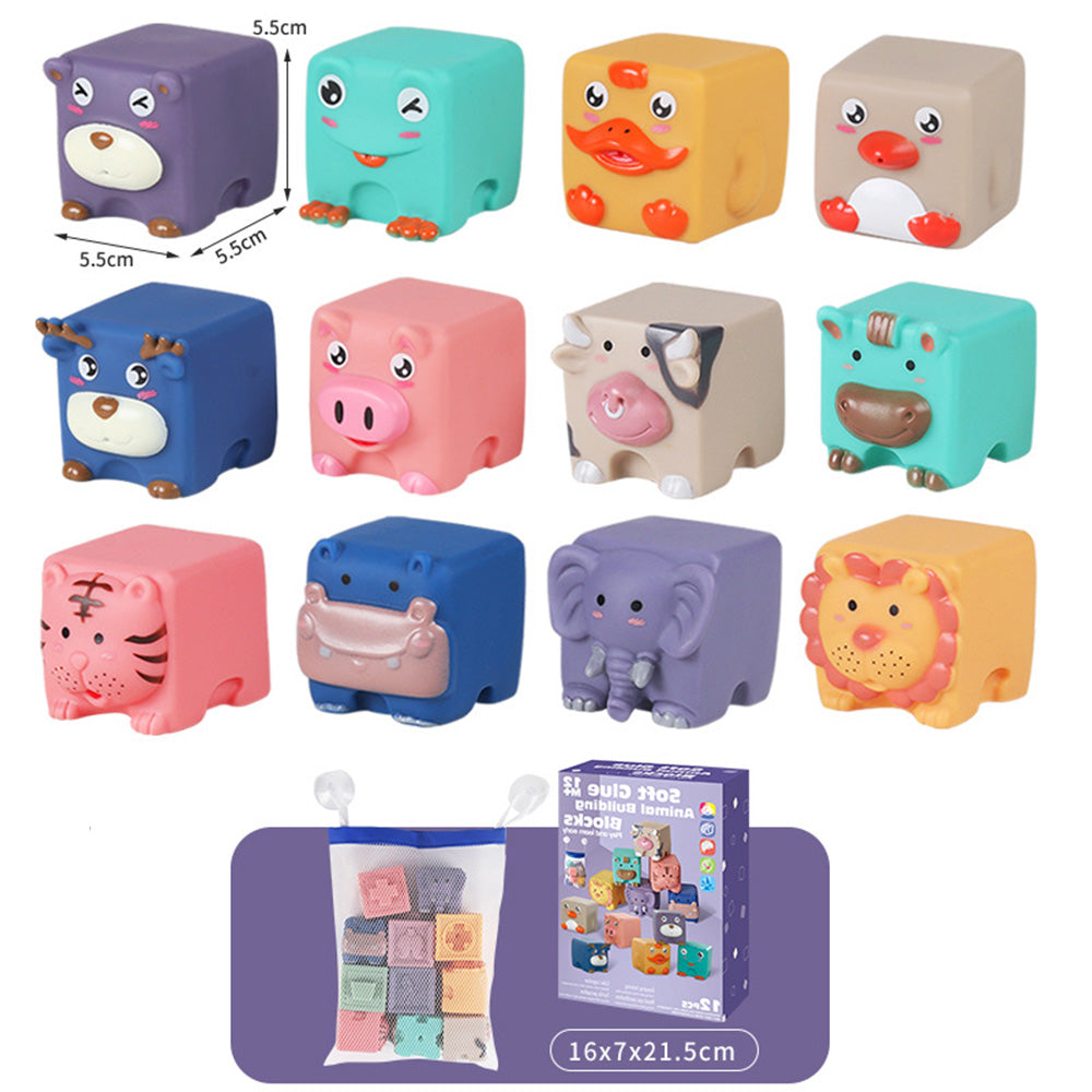 LulliNini Soft Rubber Building Blocks Set | Animal and Number Matching Blocks, Bath Toy for Babies