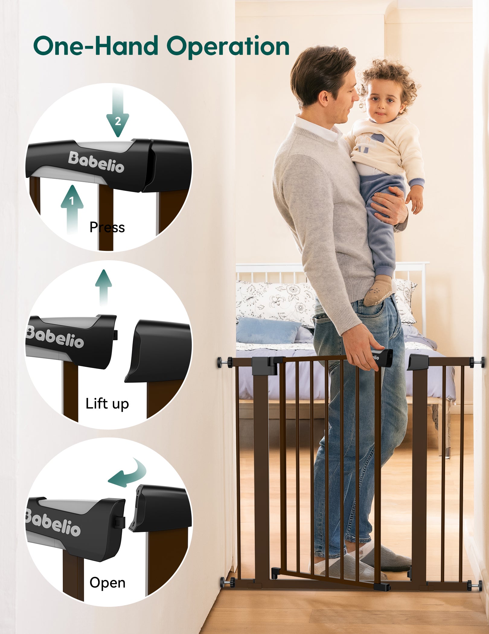 Father holding a child next to a baby gate with 'Babelio' branding, demonstrating one-hand operation.#Color_Brown