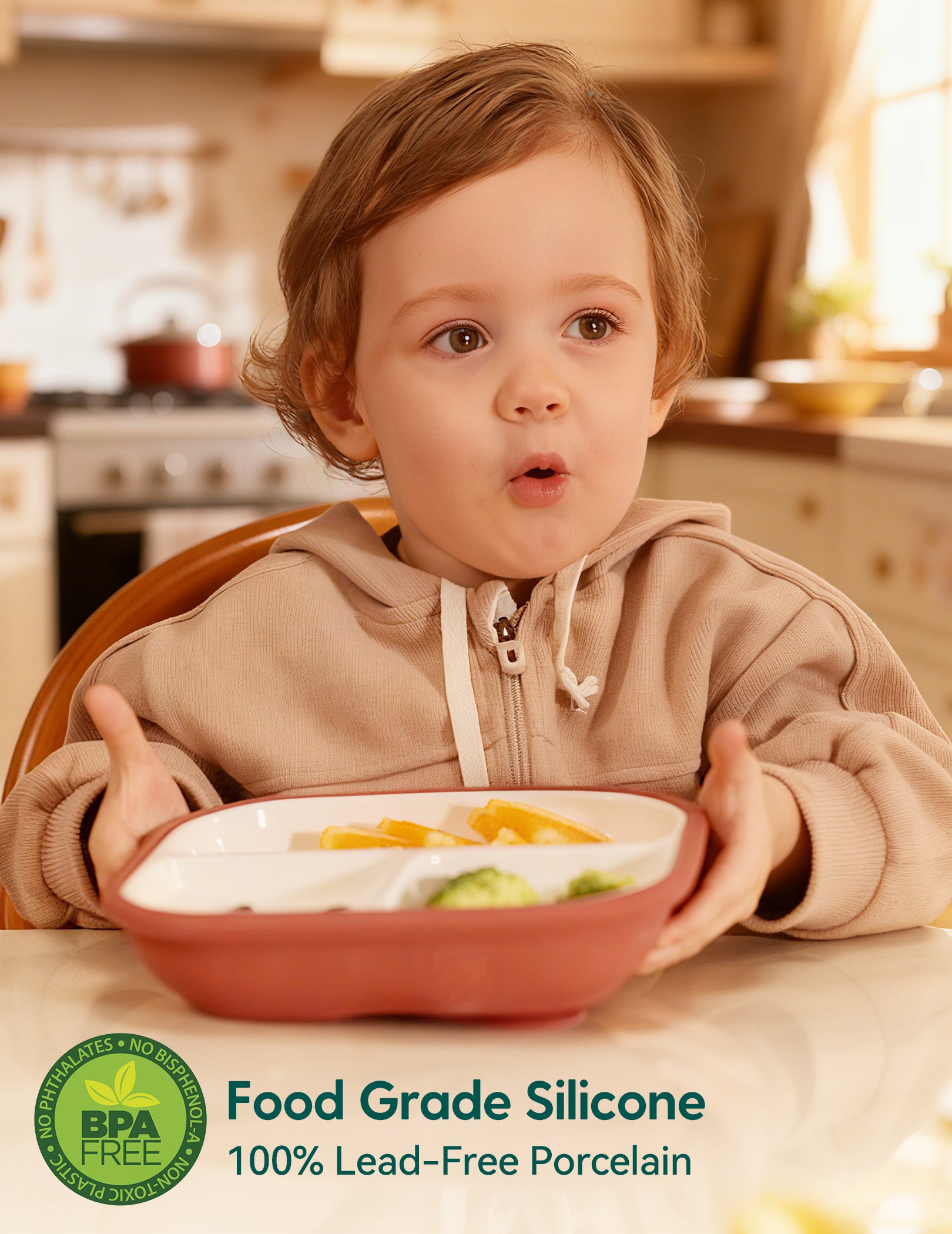 Gallery Porcelain | 8'' Toddler Porcelain Divided Plates with Suction Base - 3 Pack