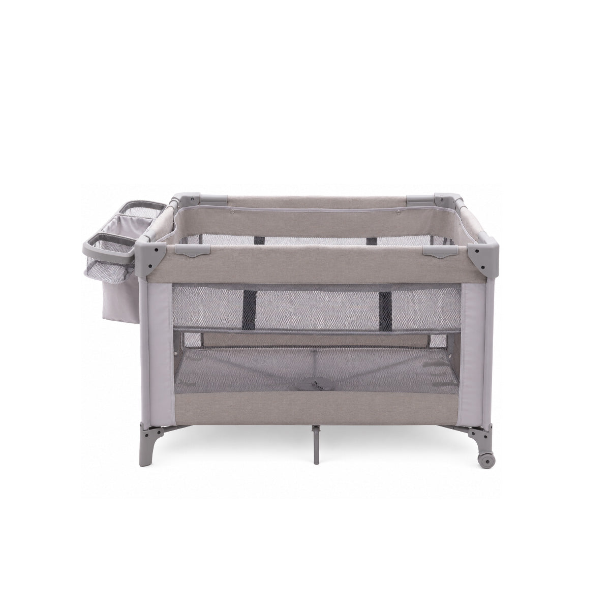 Babelio baby playpen with mesh sides, storage pocket, and wheels for nursery use