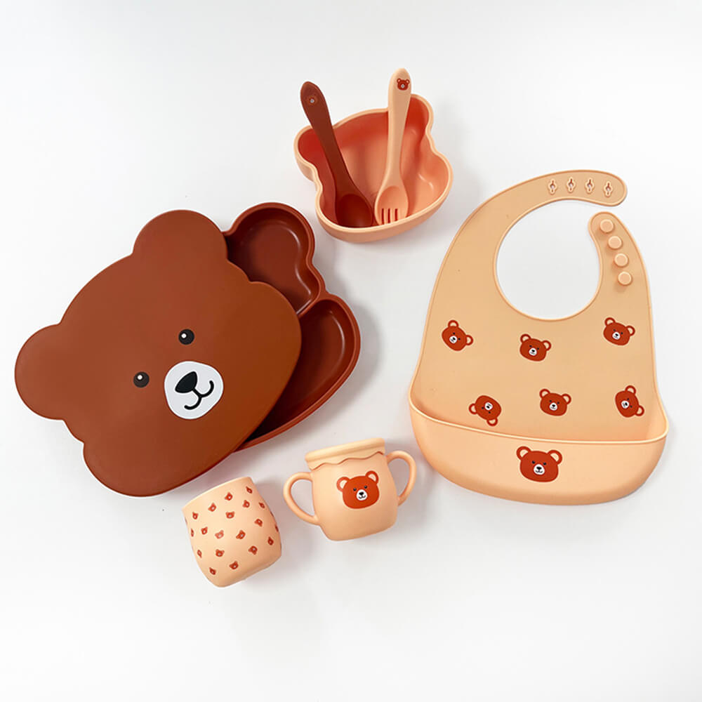 New Bear Kids Tableware Set - Baby Anti-fall Silicone Snack Cup with Cartoon Design and Cute Divided Plate