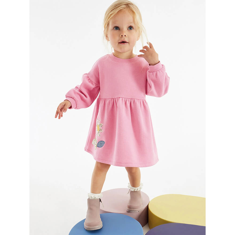 Chic European-style Long-sleeve Cotton Dress for Girls with Adorable Cartoon Design