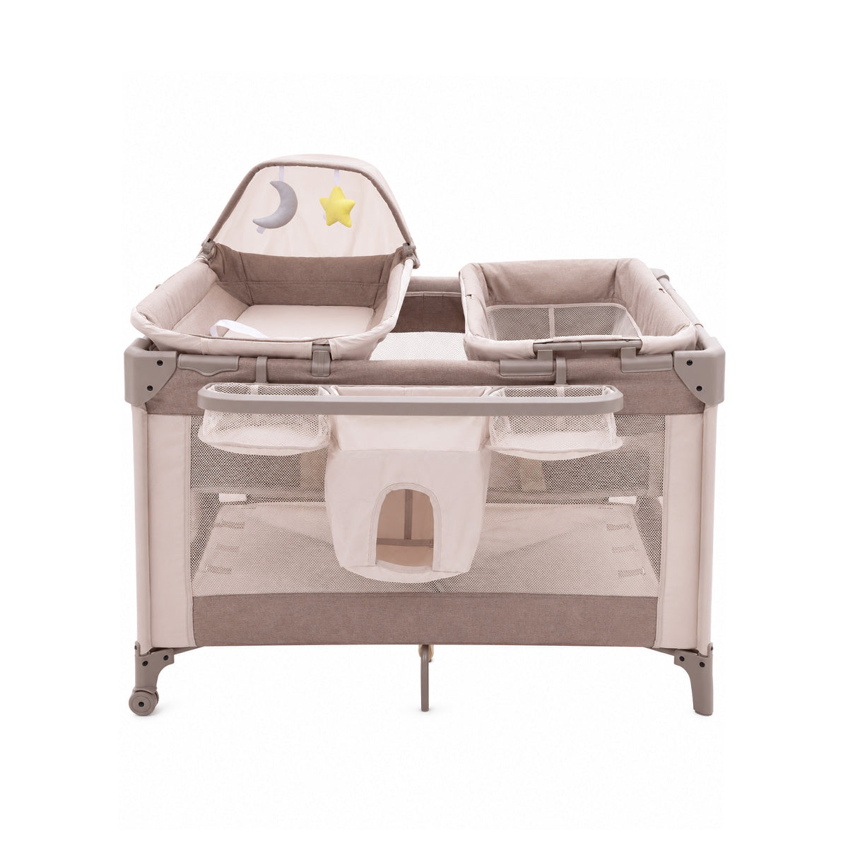 Babelio baby playpen with changing station and moon star canopy, ideal for nursery use