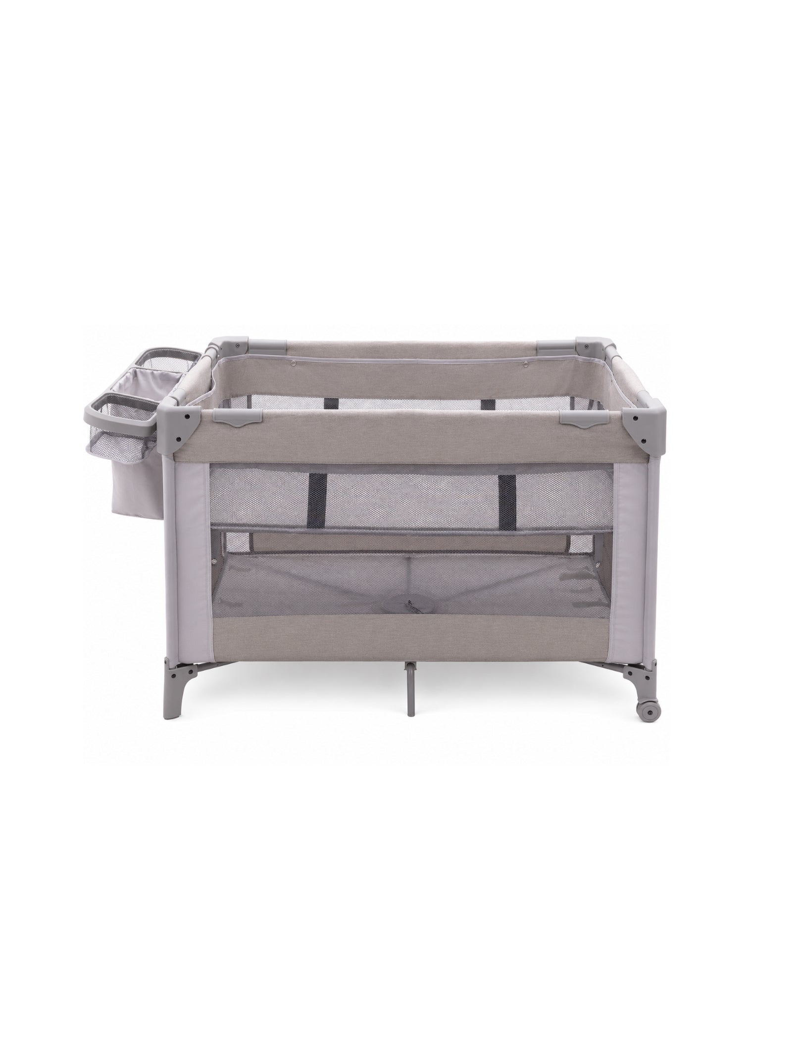 Babelio baby safety gate with mesh sides, storage pockets, and wheels for nursery use