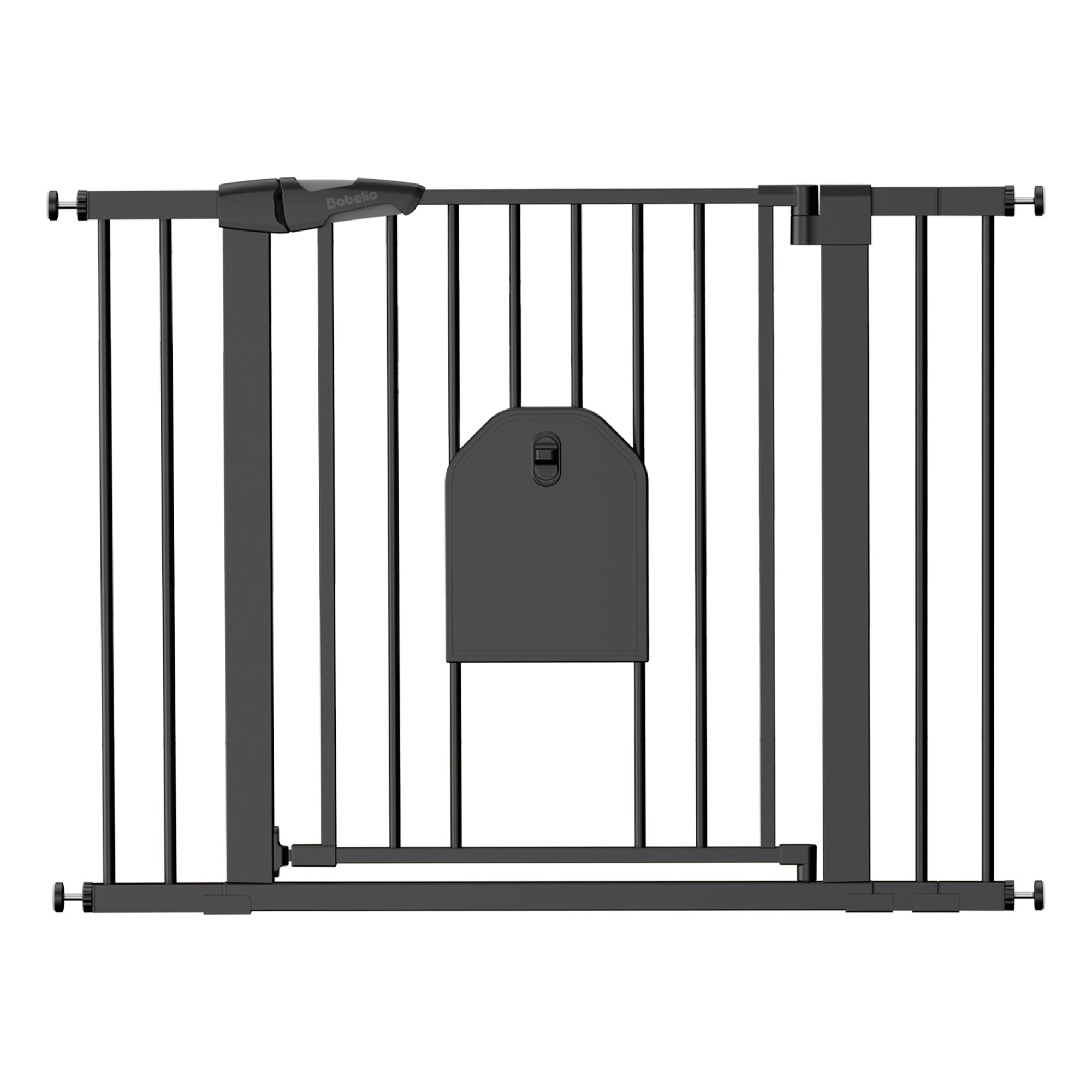 A dark gray metal safety gate with vertical bars, a latch mechanism, and a central handle, shown against a plain white background.#Color_Black