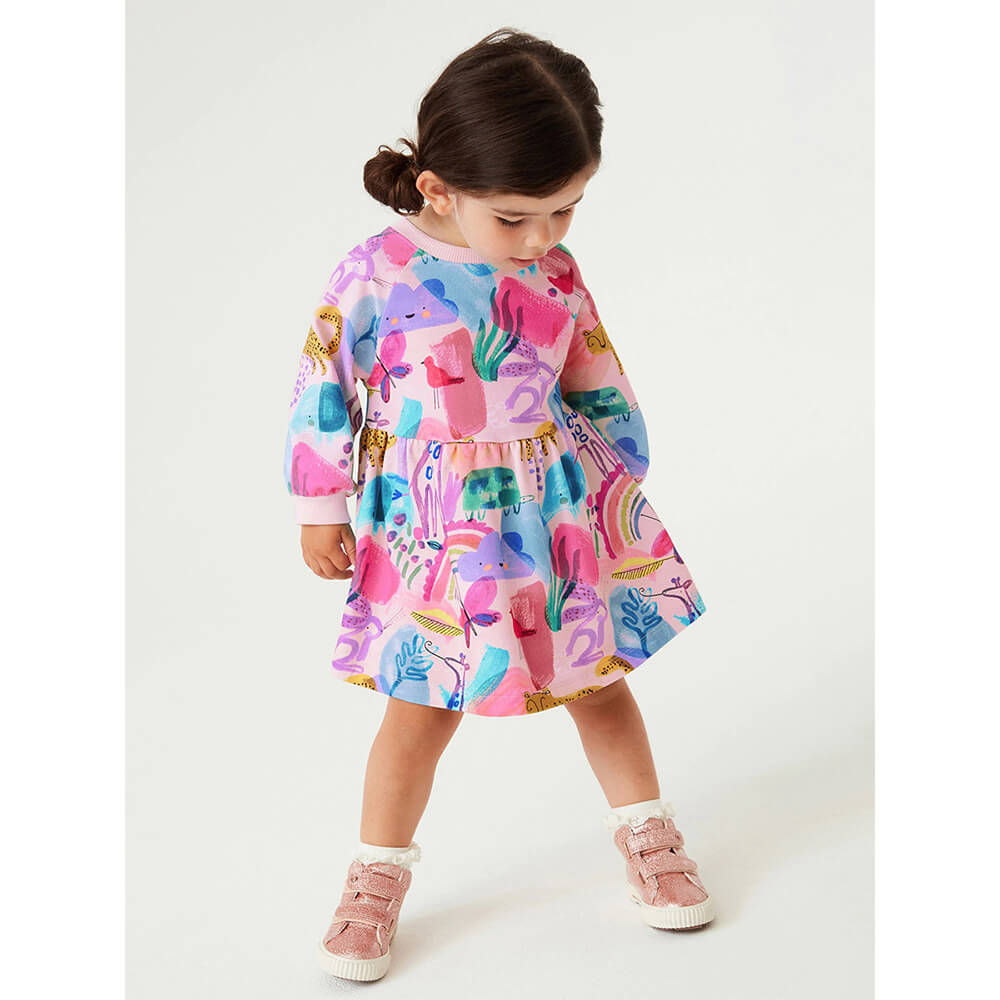 European-Style Long-Sleeve Cotton Dress for Girls - Vibrant Playful Print
