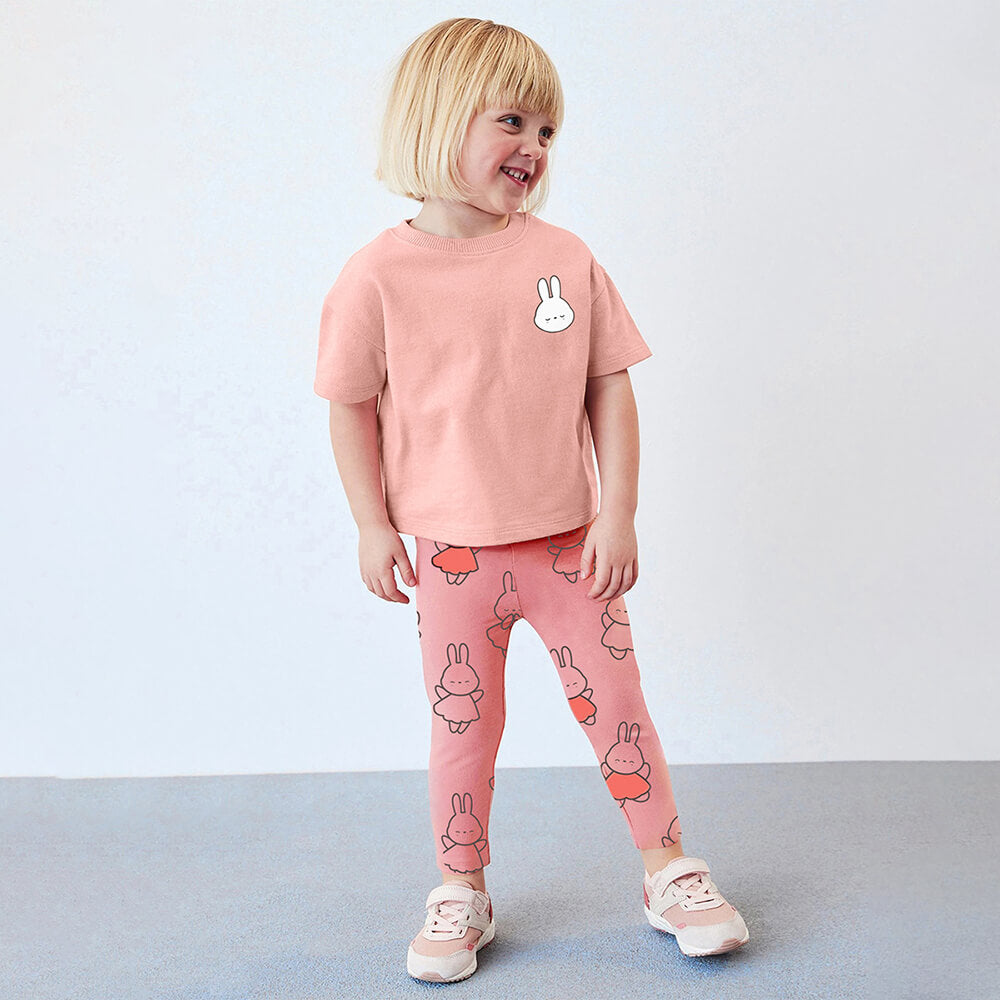 Summer Pink Cotton Bunny Set for Girls - Short Sleeve Top & Printed Leggings