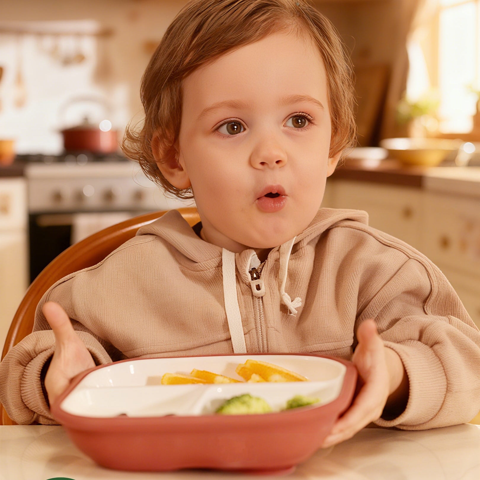 Child holding a bowl with food in a kitchen, featuring a BPA-free and lead-free porcelain baby plate.