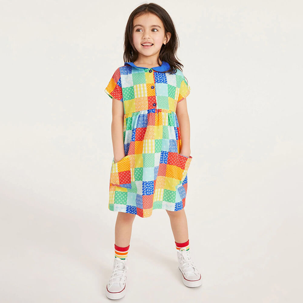 Patchwork Playtime - Colorful Cotton Short Sleeve Dress for Girls