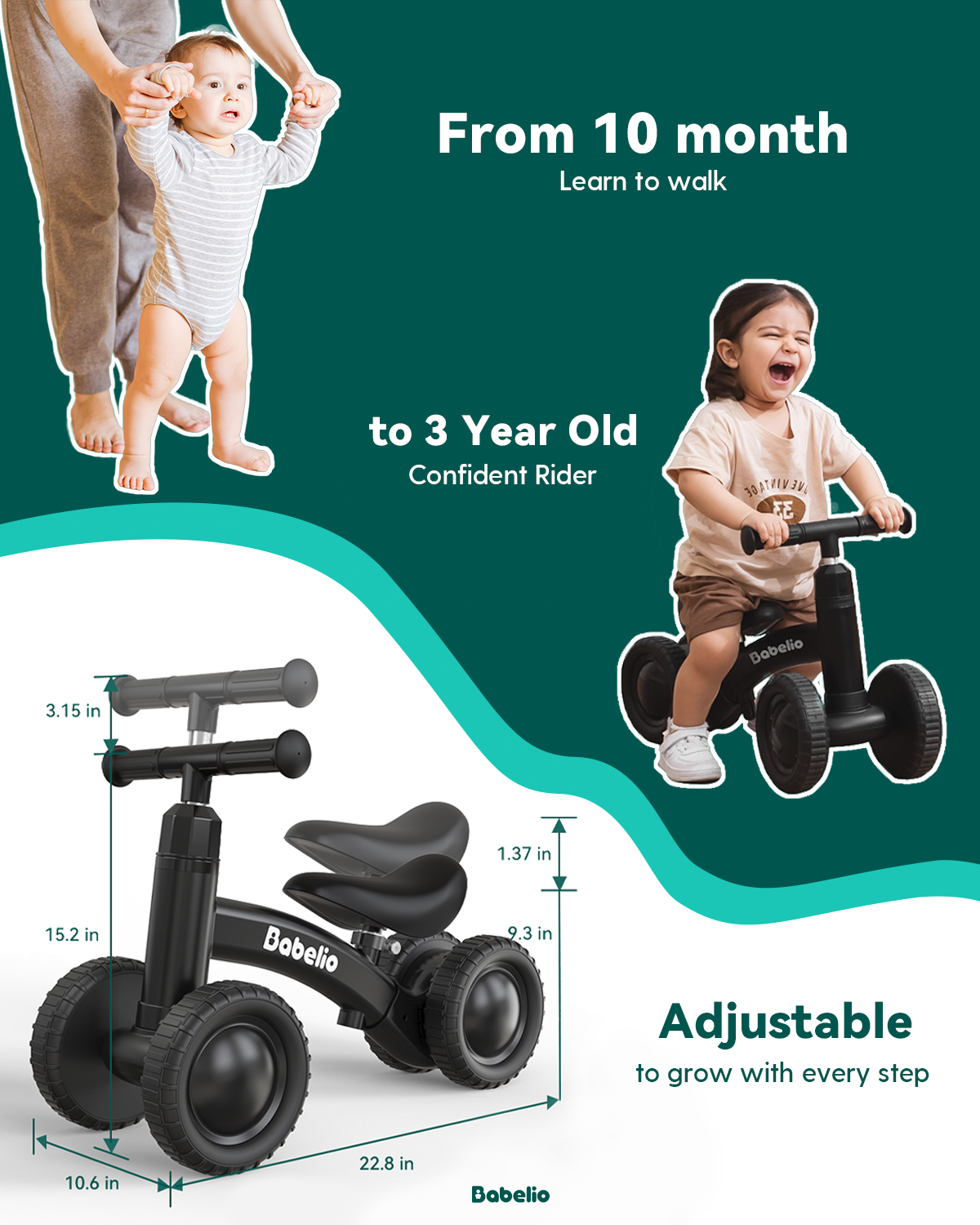 Babelio Adjustable Baby Balance Bike for 10-36 Months Toddlers | First Birthday & Christmas Gift