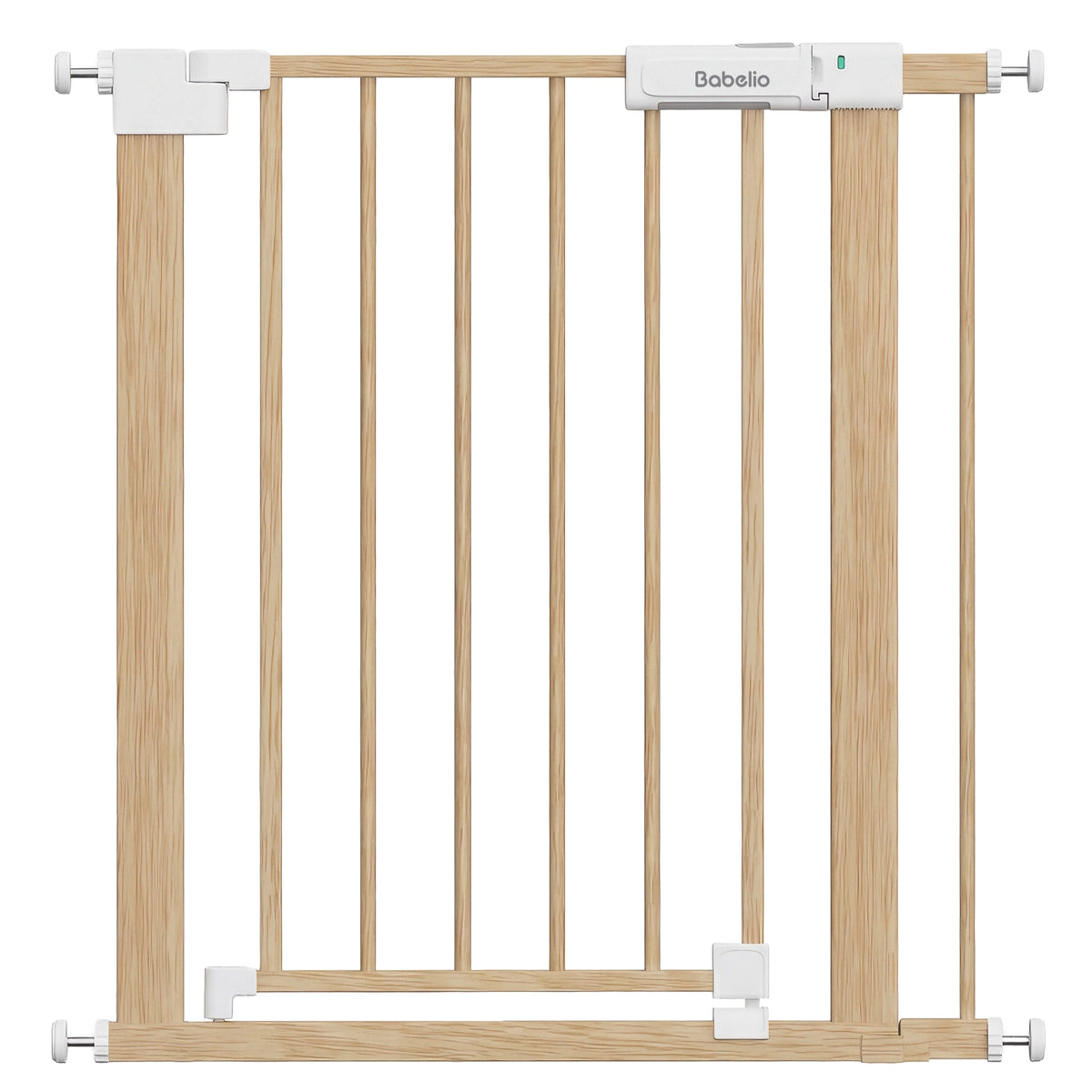 A Dobello safety gate in a light natural wood finish with white plastic mounting hardware, shown against a solid white background.#Color_Light Wood Pattern
