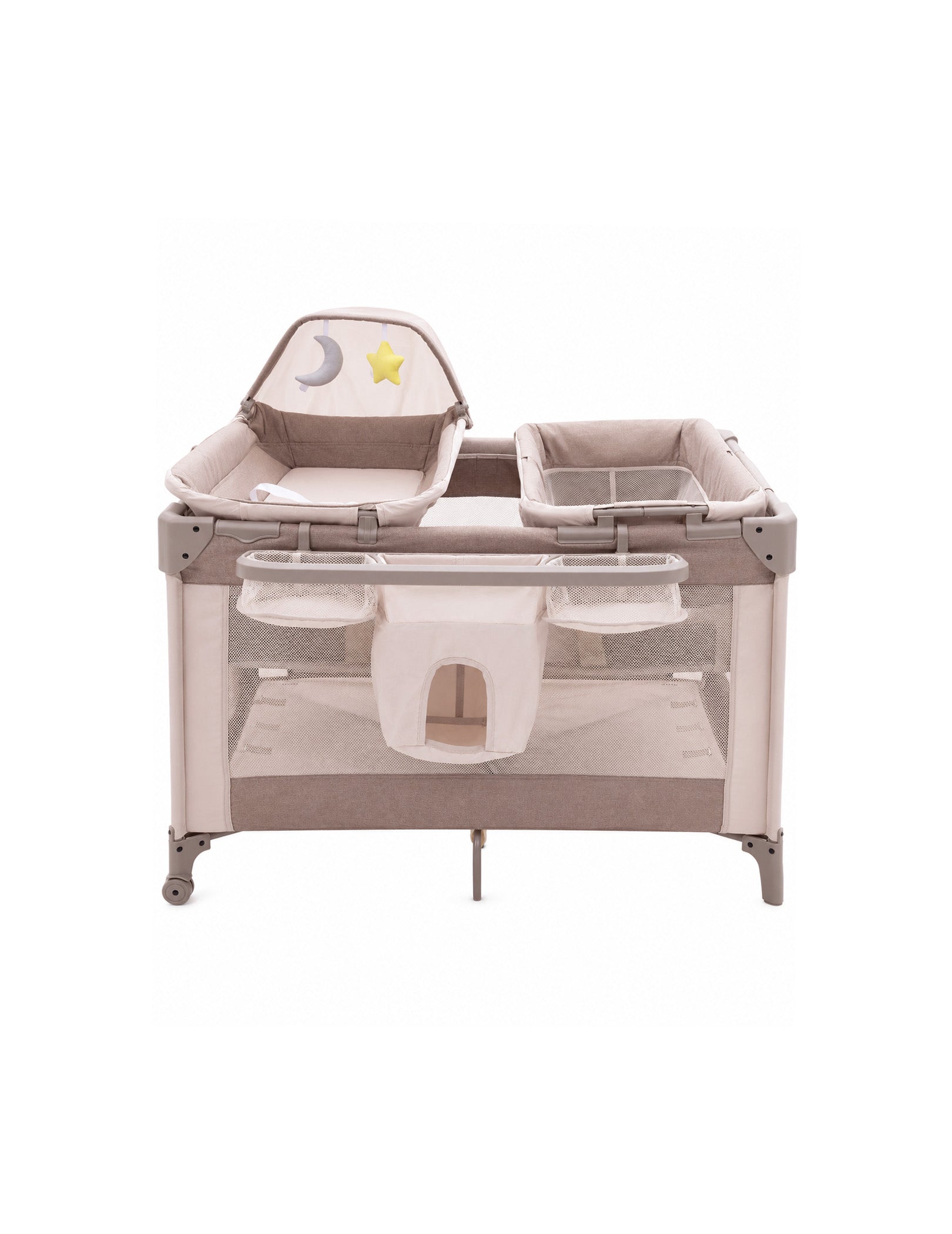 Babelio baby playpen with changing station, bassinet, and storage pockets for nursery use