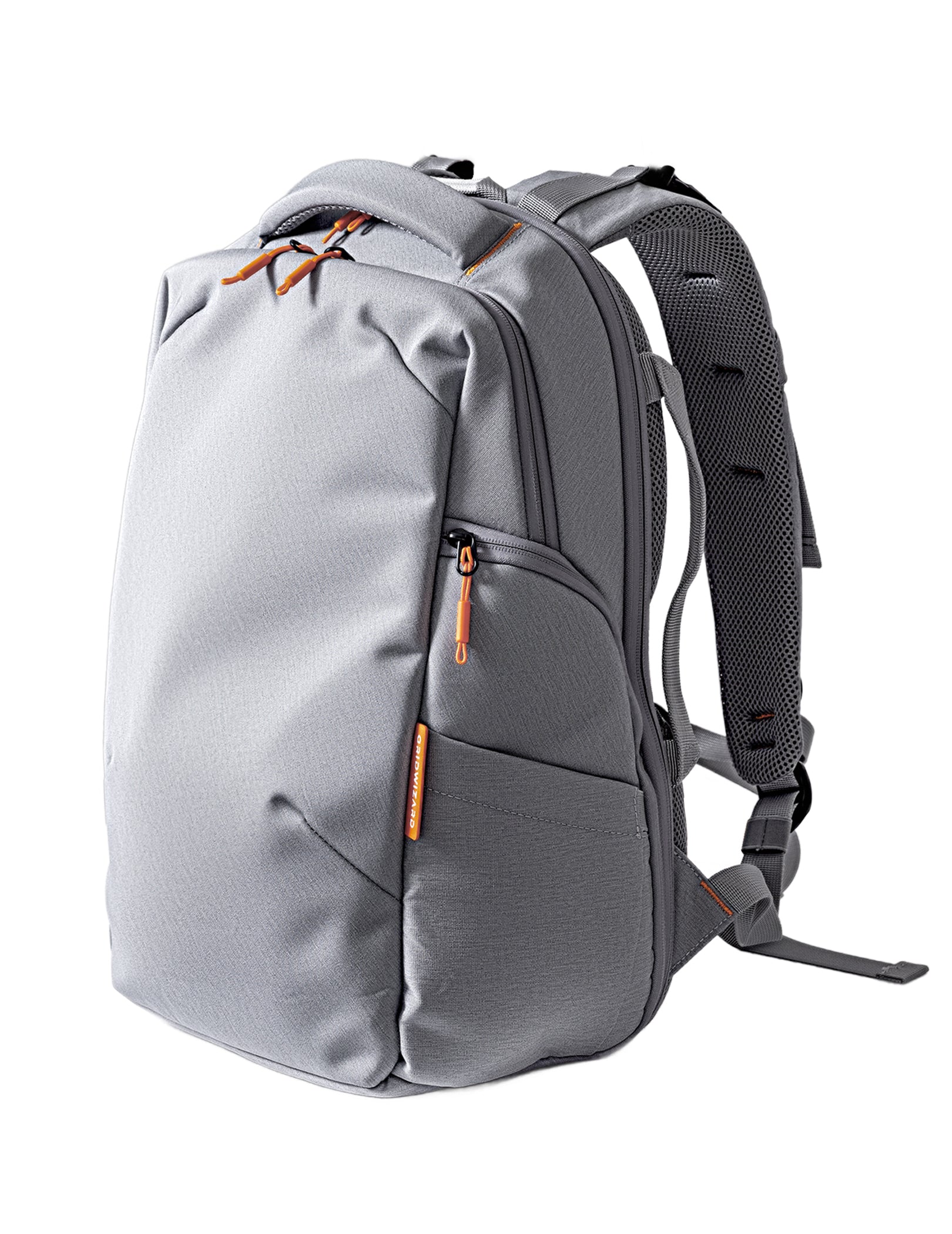 A gray backpack with orange zipper pulls and accents, shown from a three-quarter angle on a solid white background.#Color_Grey