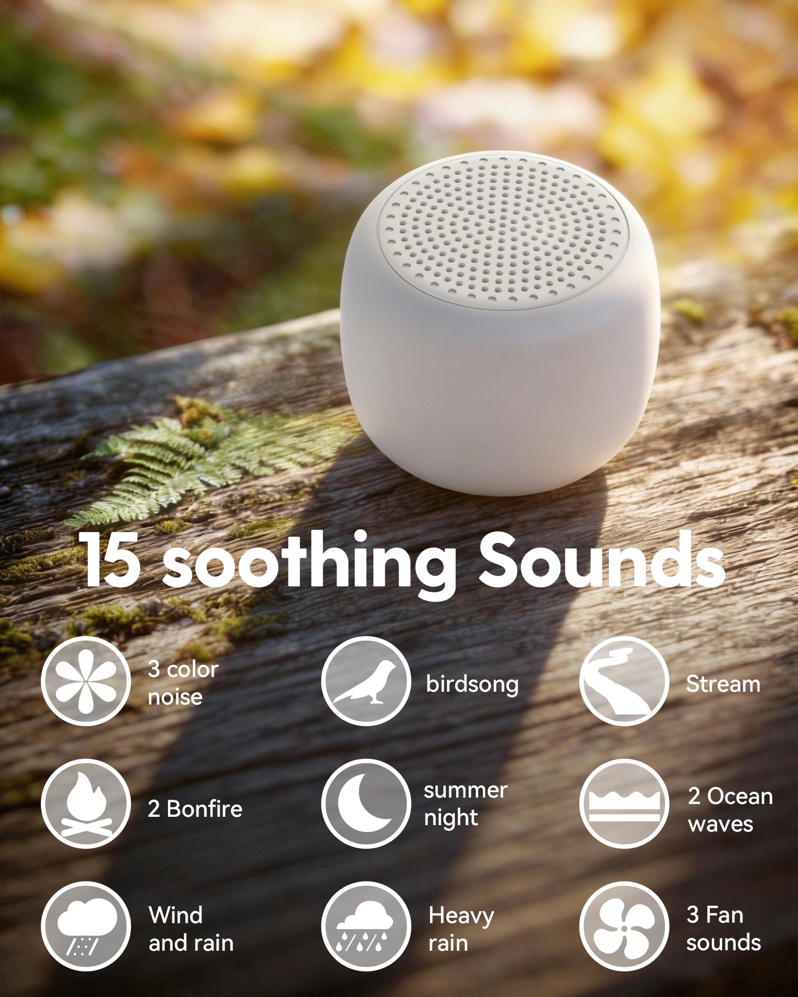 Babelio white noise machine on wooden surface outdoors, featuring 15 soothing sound options