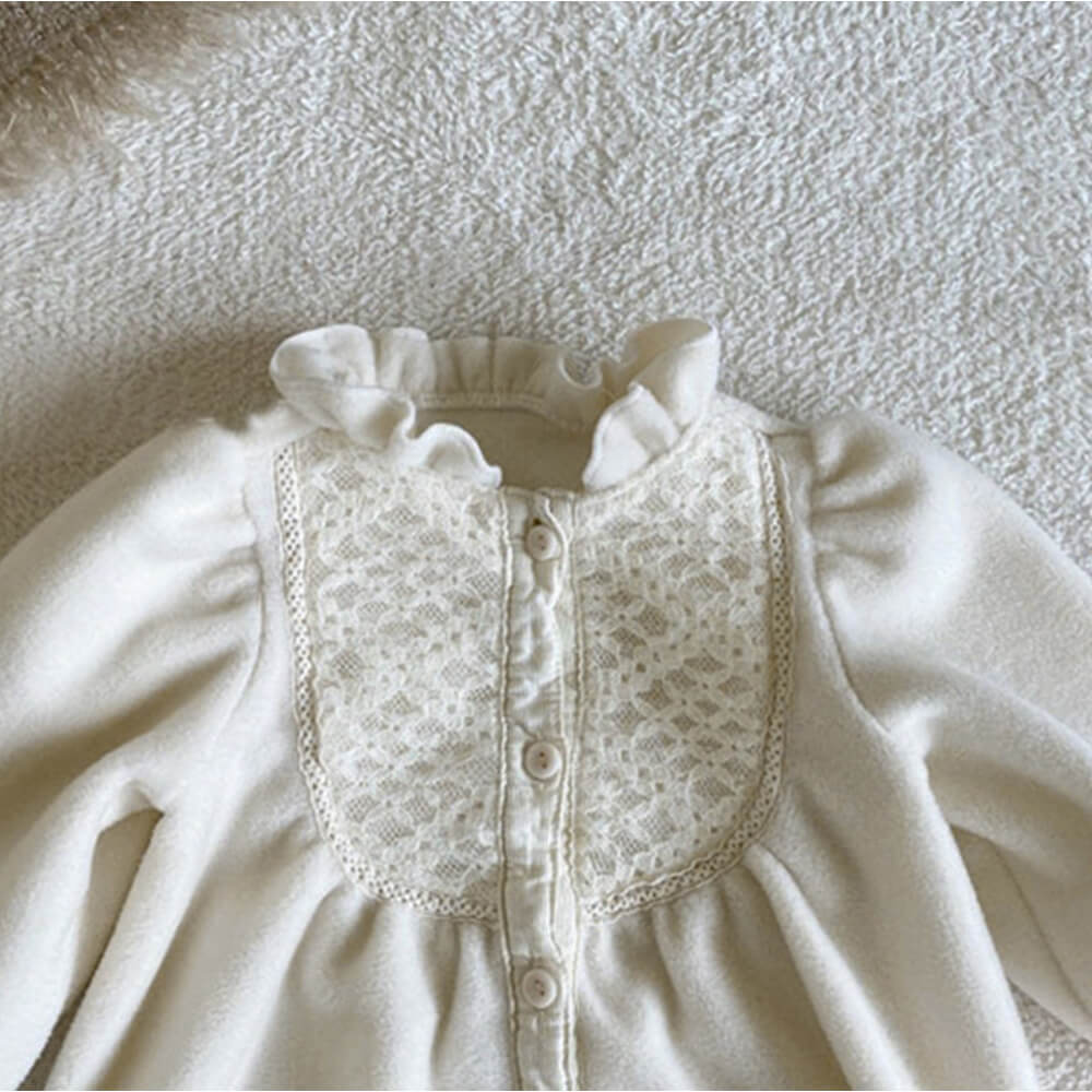 2023 Autumn Collection: Luxurious Thick Velvet Long-Sleeve Baby Romper with Lace Detail