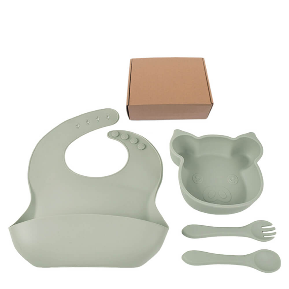 LulliNini Children's Silicone Piggy Dinnerware Set - All-in-One Feeding Kit with Plate, Utensils & Bib