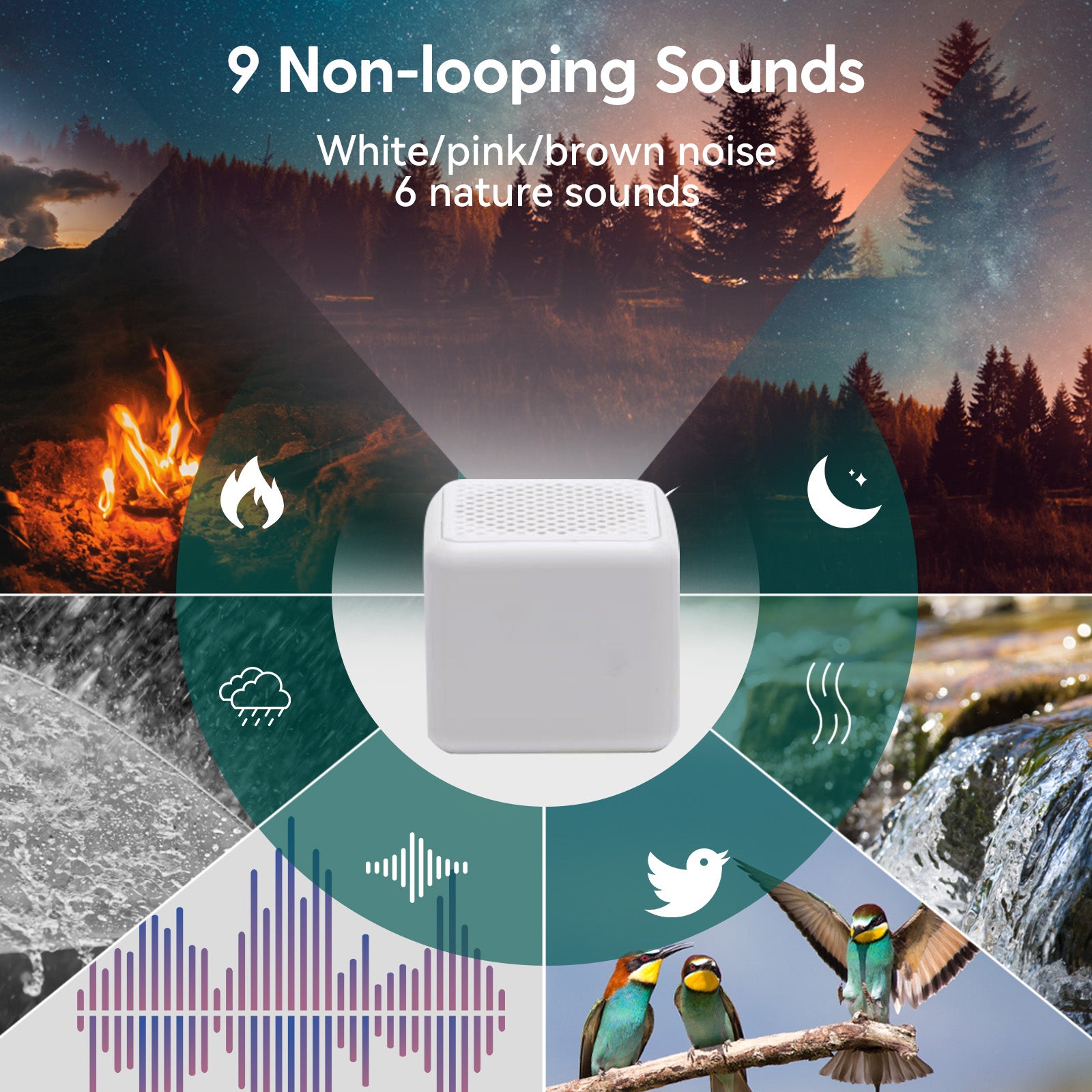 Babelio: Cube Pocket-Sized White Noise Machine | 9 Sounds, Timer - Black