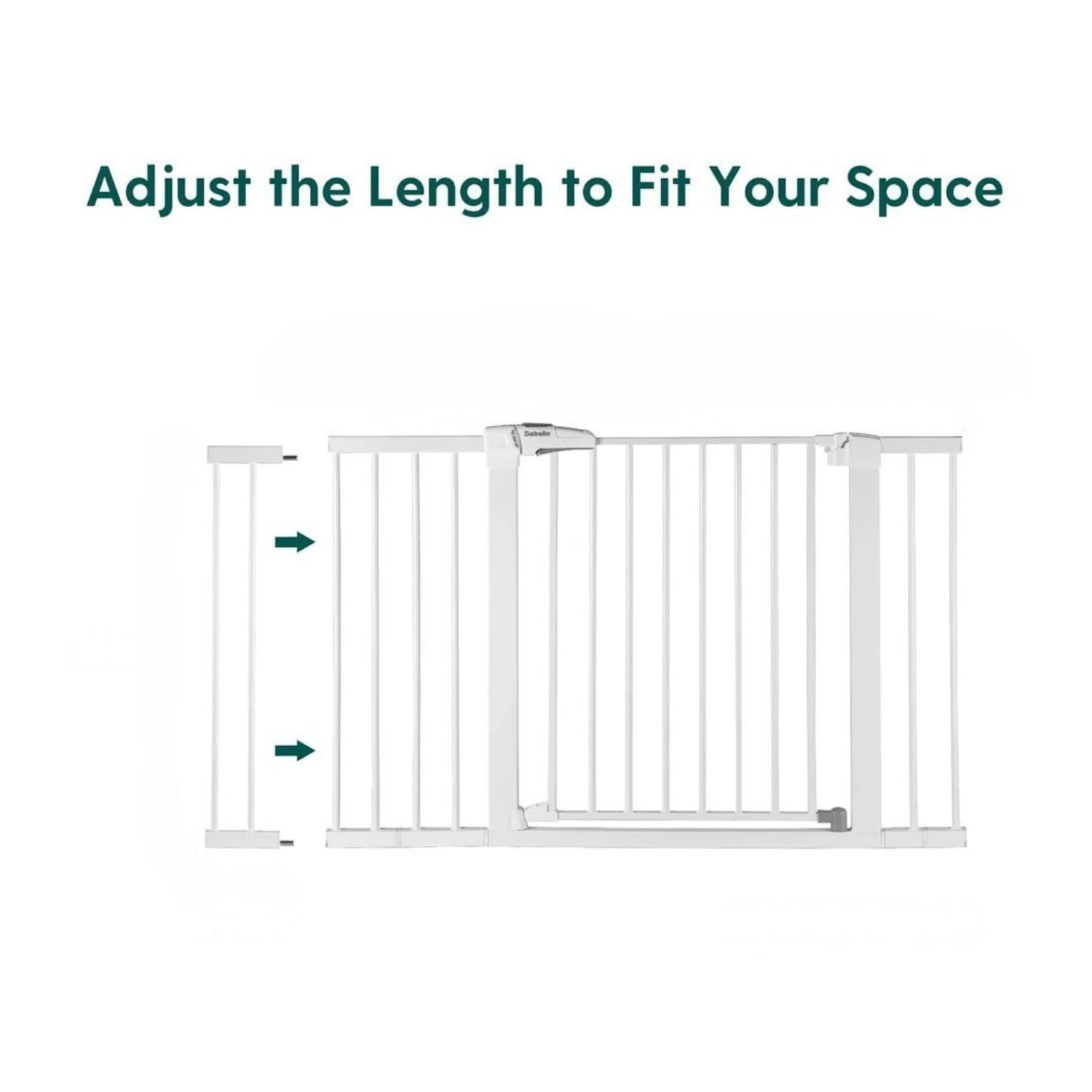 Babelio baby safety gate and extension for stairs or doorways, white adjustable design.