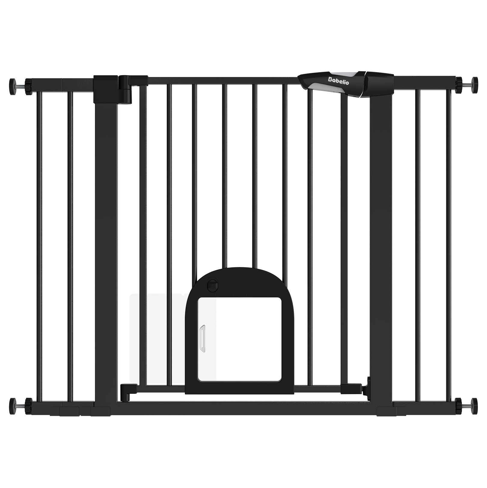 expandable metal baby gate with a cat walking through the gate.
