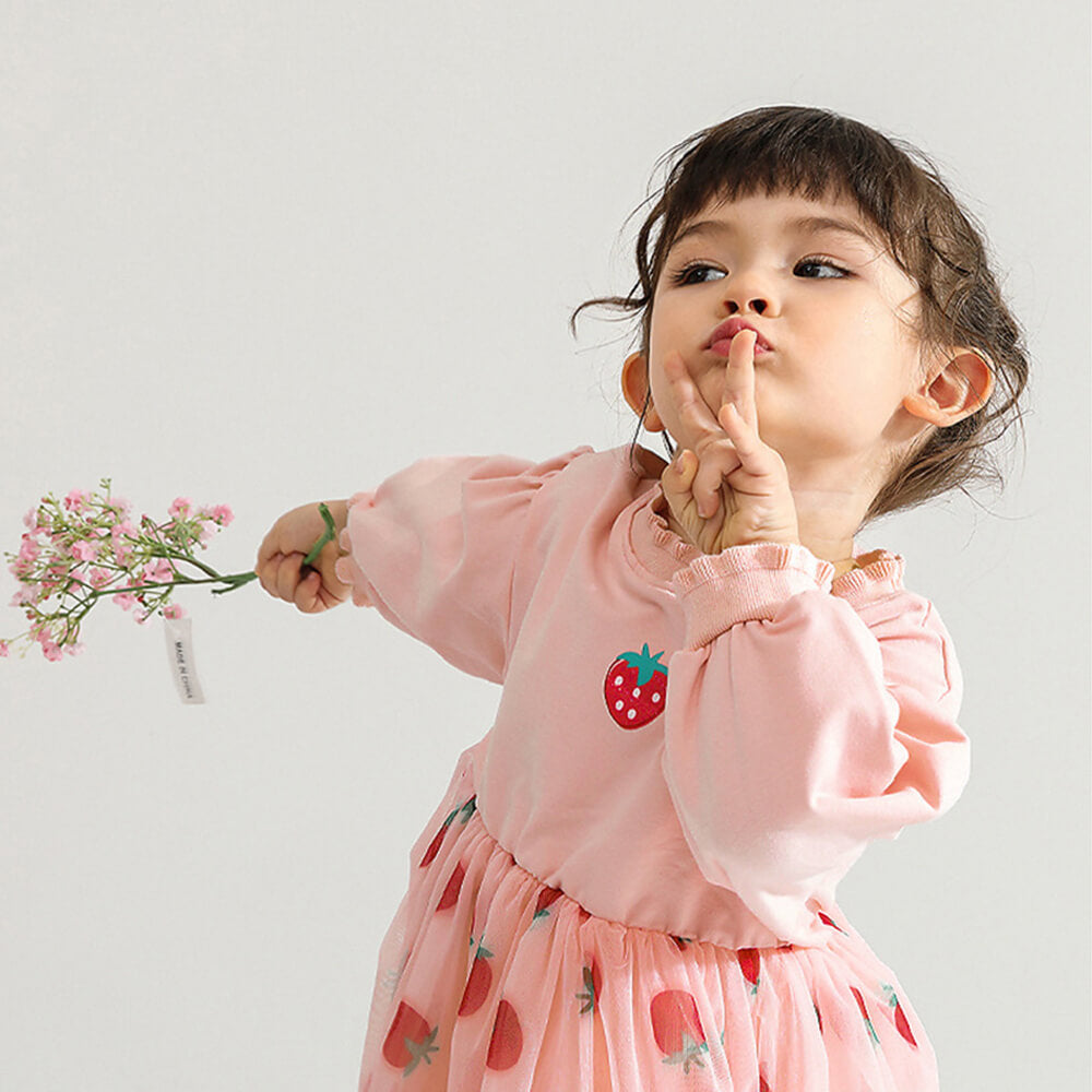Strawberry Tulle Princess Dress with Velvet Lining for Children