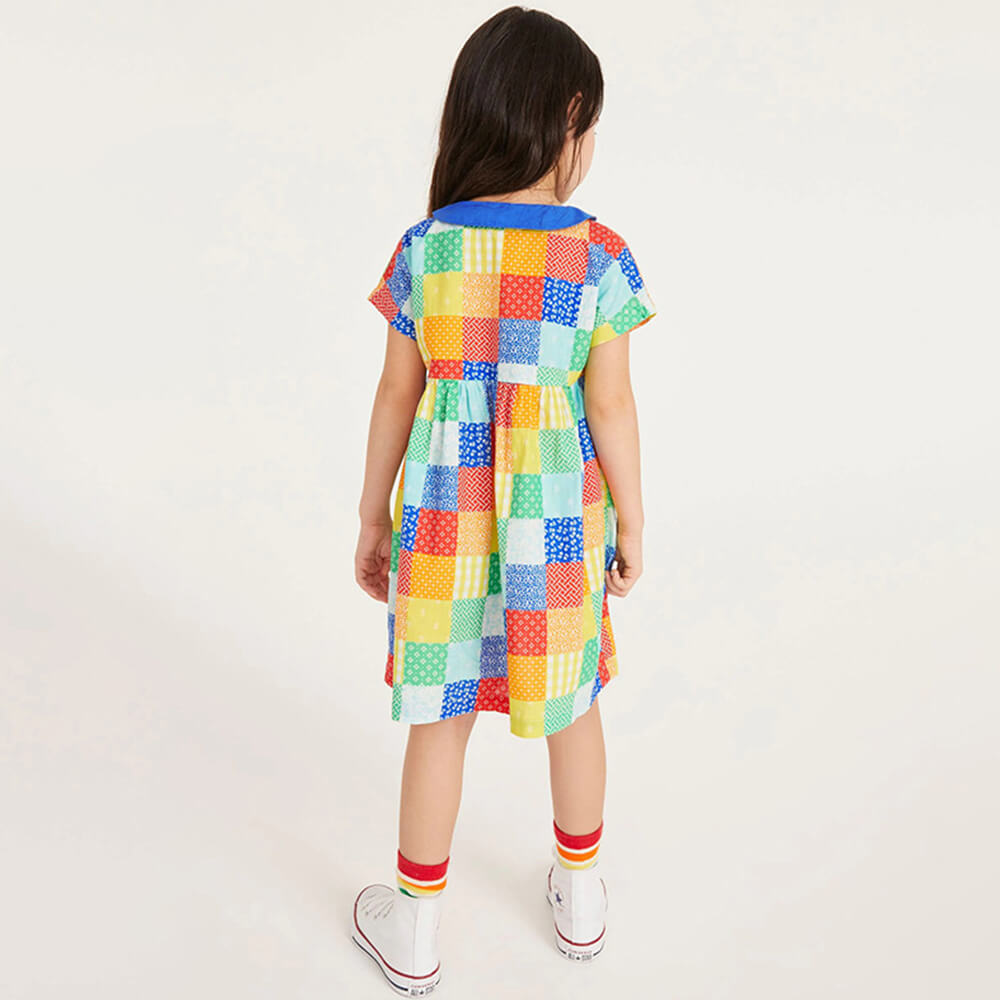 Patchwork Playtime - Colorful Cotton Short Sleeve Dress for Girls