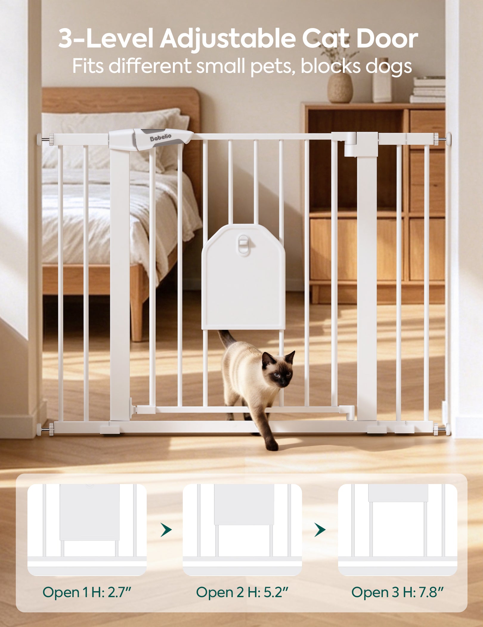 White 3-level adjustable cat door installed in a bedroom, with a cat walking through the gate. Text at the top reads '3-Level Adjustable Cat Door' and 'Fits different small pets, blocks dogs.#Color_White