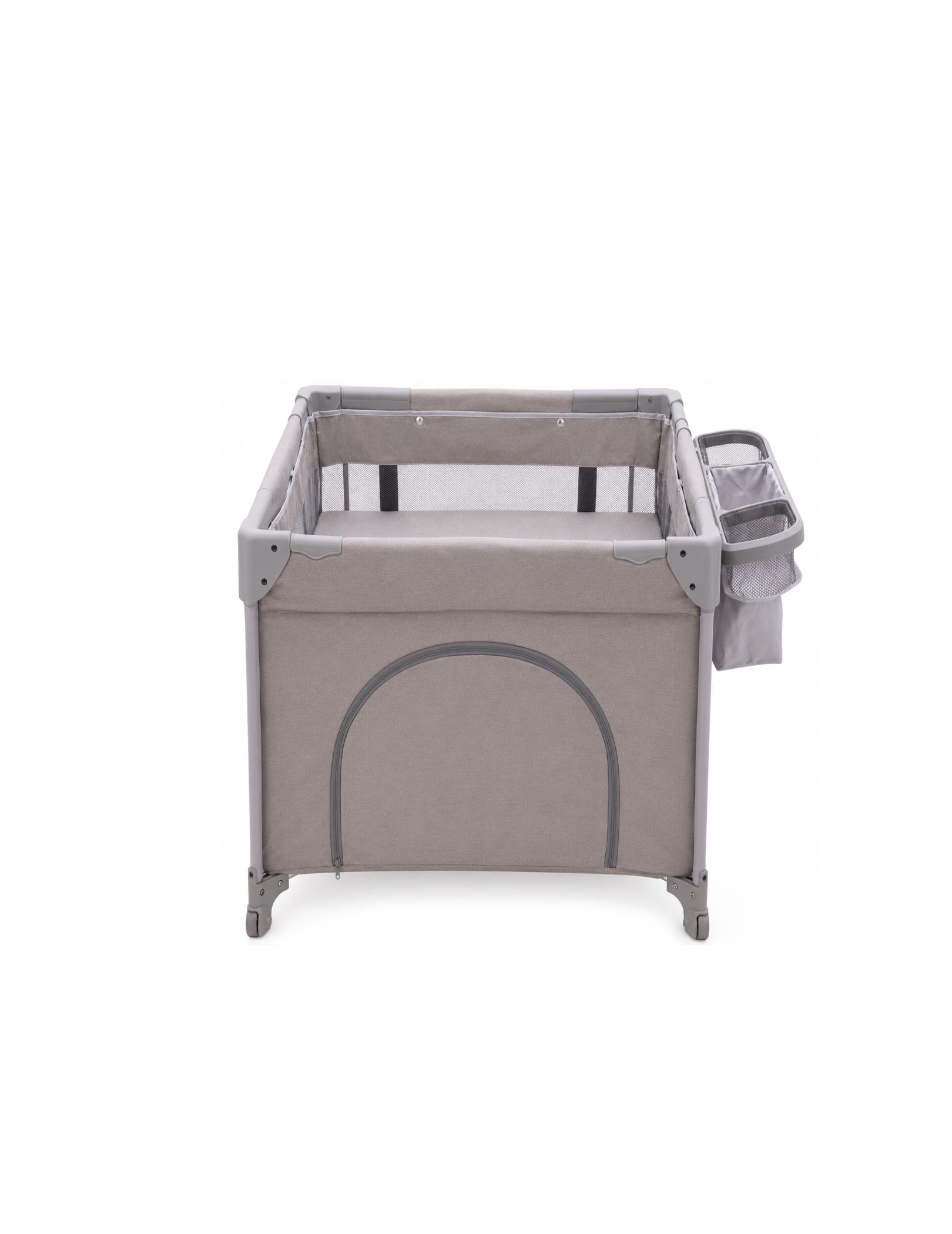 Babelio baby safety gate with mesh sides and storage pockets, ideal for nursery or living room use.