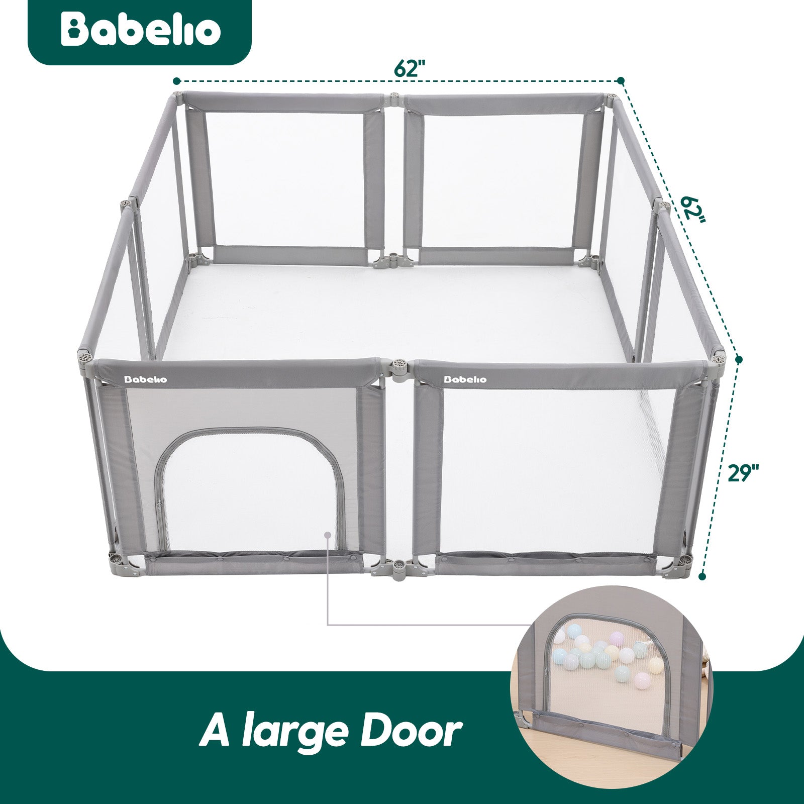 Baby playpen with dimensions labeled, featuring the brand 'Babelio'.
