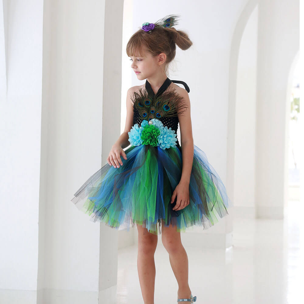 Tiny Cuddling Peacock Princess Tutu Dress - Kids' Tulle Photography Outfit and Dance Performance Costume for Parties and Events