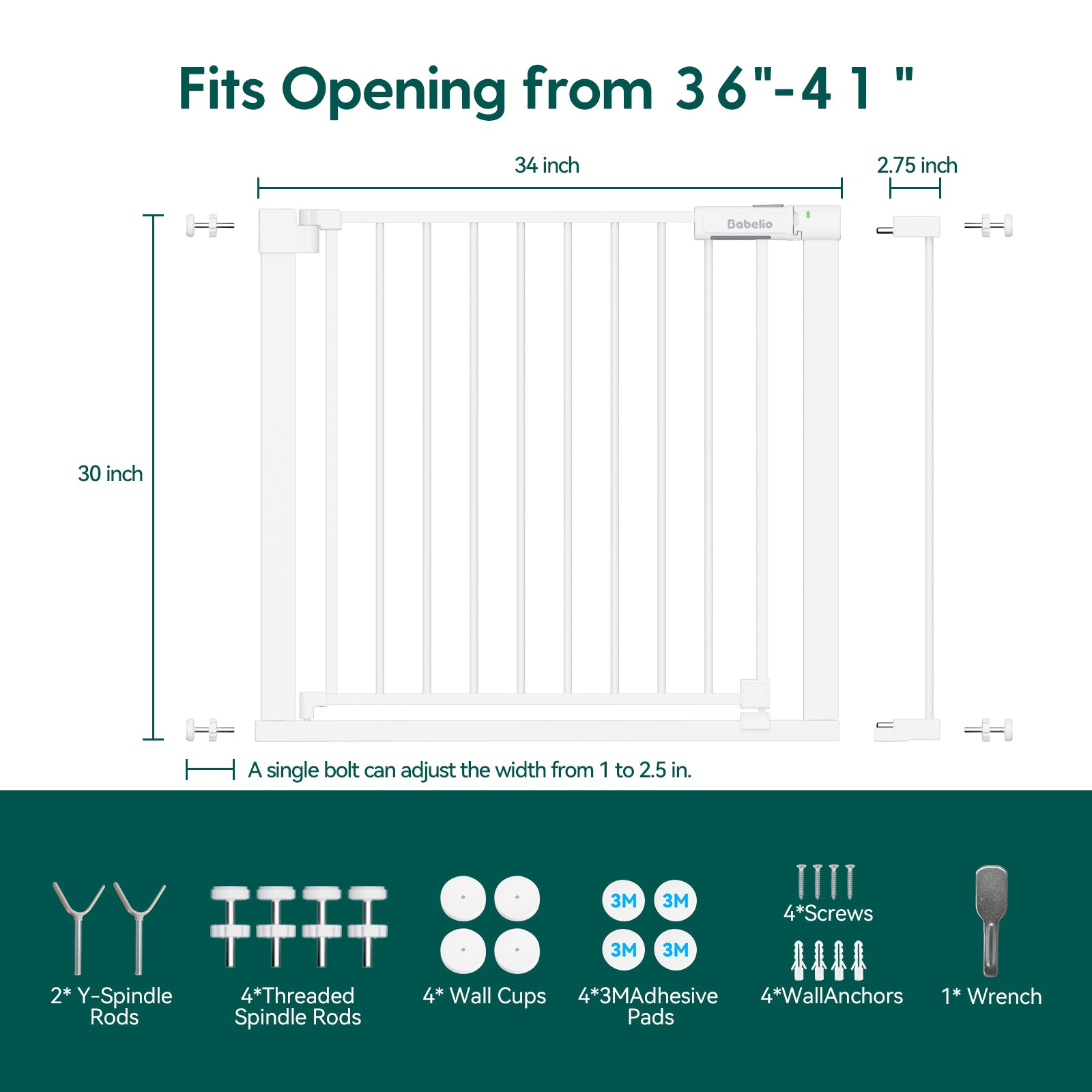 Measurement chart for a security gate with dimensions and included components.#Color_White
