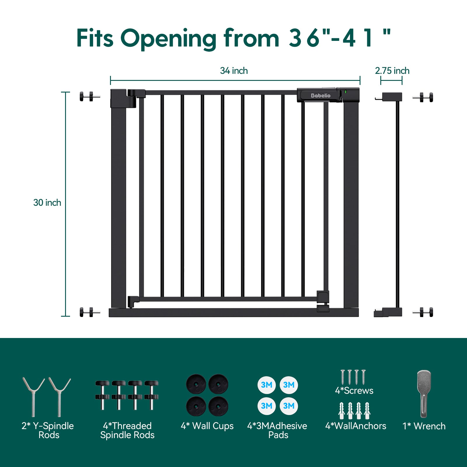 Measurement chart for a baby gate with dimensions and components listed.#Color_Black