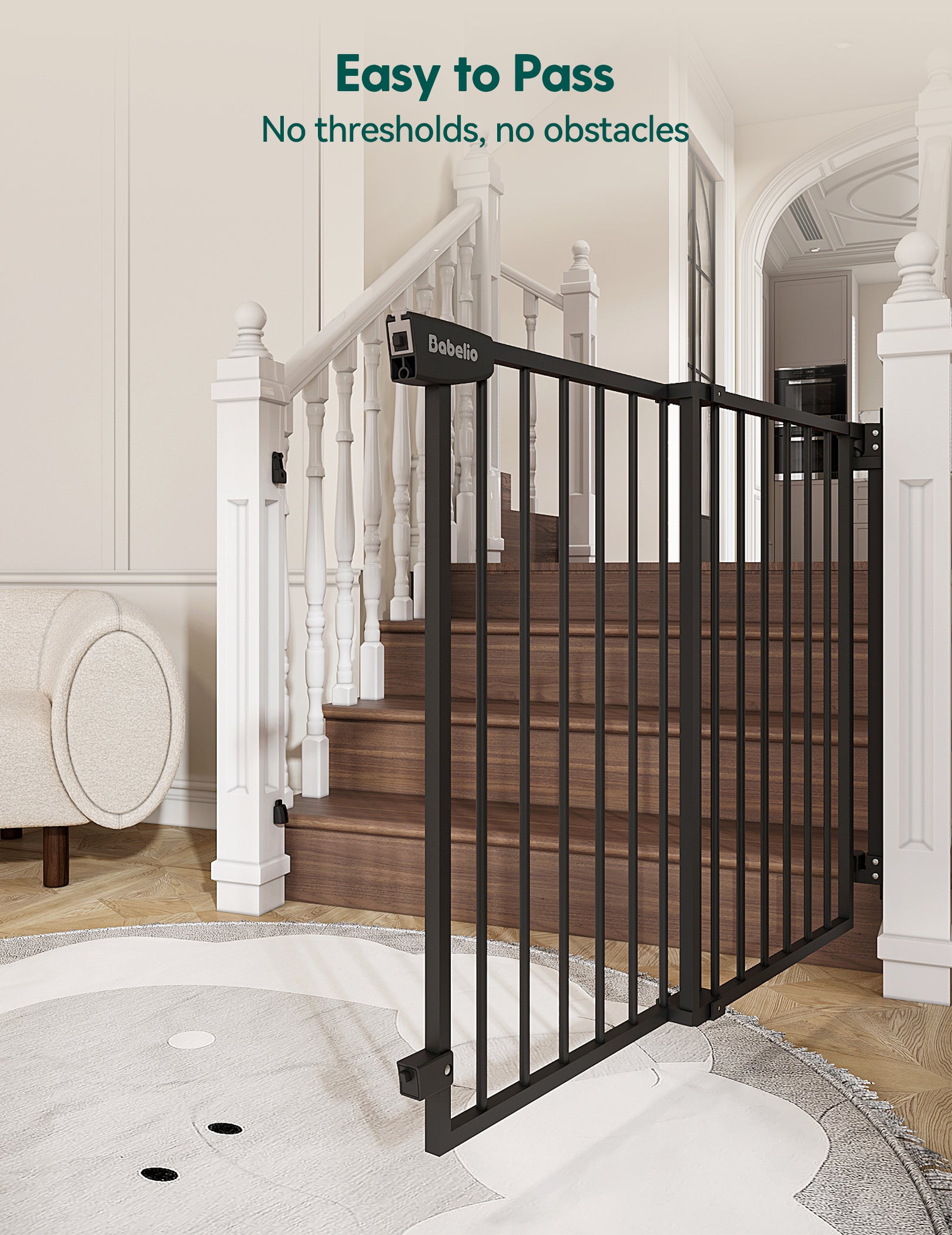 Black baby gate on a staircase in a home setting.