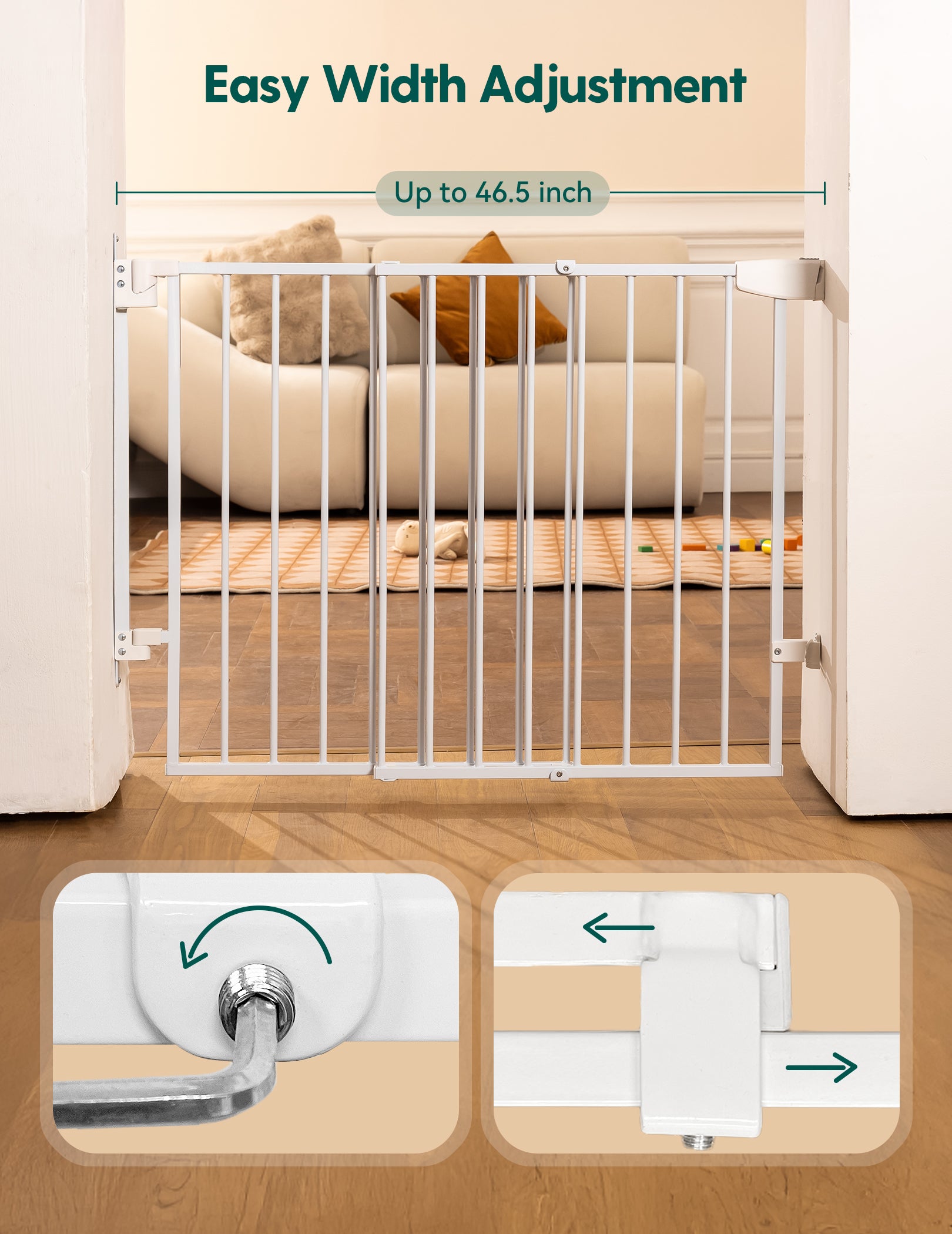 Baby gate with easy width adjustment feature in a living room.