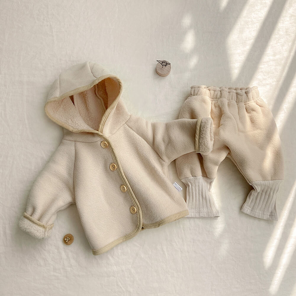 2023 Autumn Korean-Style Baby Outfit - Cozy Sherpa-Lined Hooded Jacket and Harem Pants Set