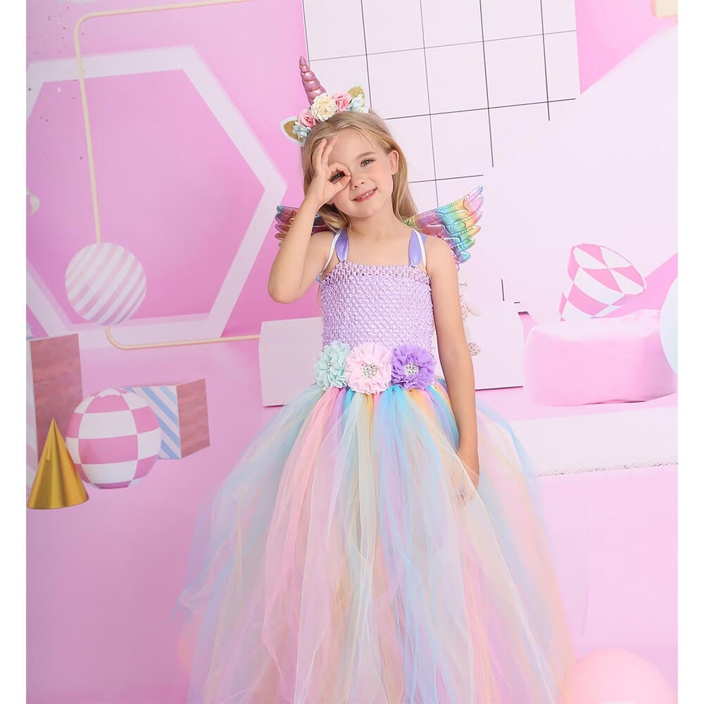 Tiny Cuddling Magical Unicorn Flower Princess Dress - Kids' Long Tulle Dress for Children's Day Performances and Parties