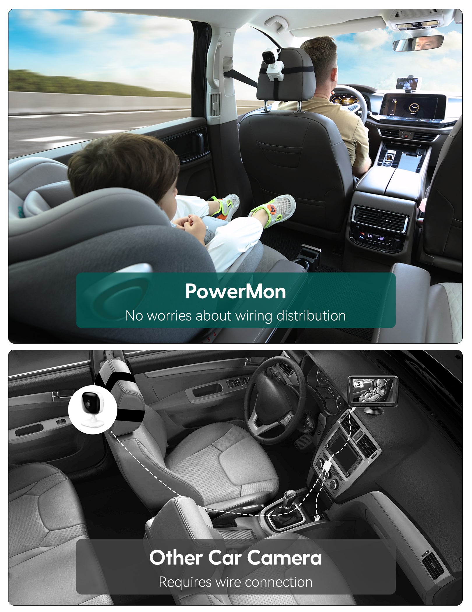 Wireless Baby Car Camera | 2-in-1 Baby Monitor with Night Vision, 8H Battery, 5” HD Display