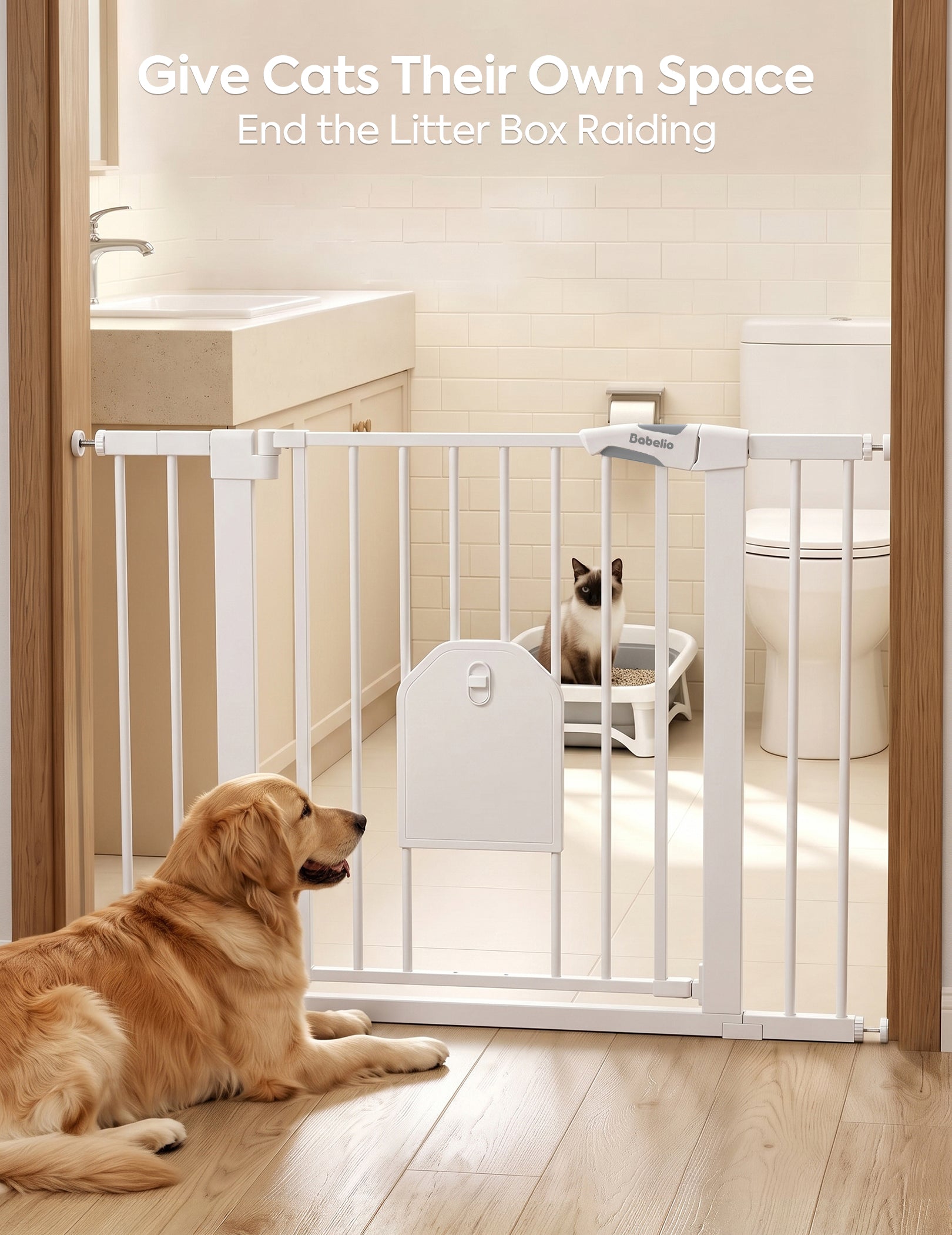 A white pet gate installed across a doorway in a bathroom, with a golden retriever lying on the wood floor in the foreground and a cat sitting in a litter box behind the gate. Text at the top reads, 'Give Cats Their Own Space End the Litter Box Raiding.#Color_White